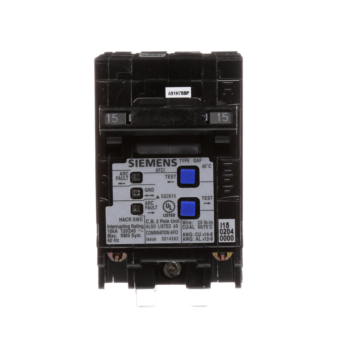 Siemens Q215AFC Circuit Breaker | 240V 15A 2P 10kA@240V Plug-In Q Series