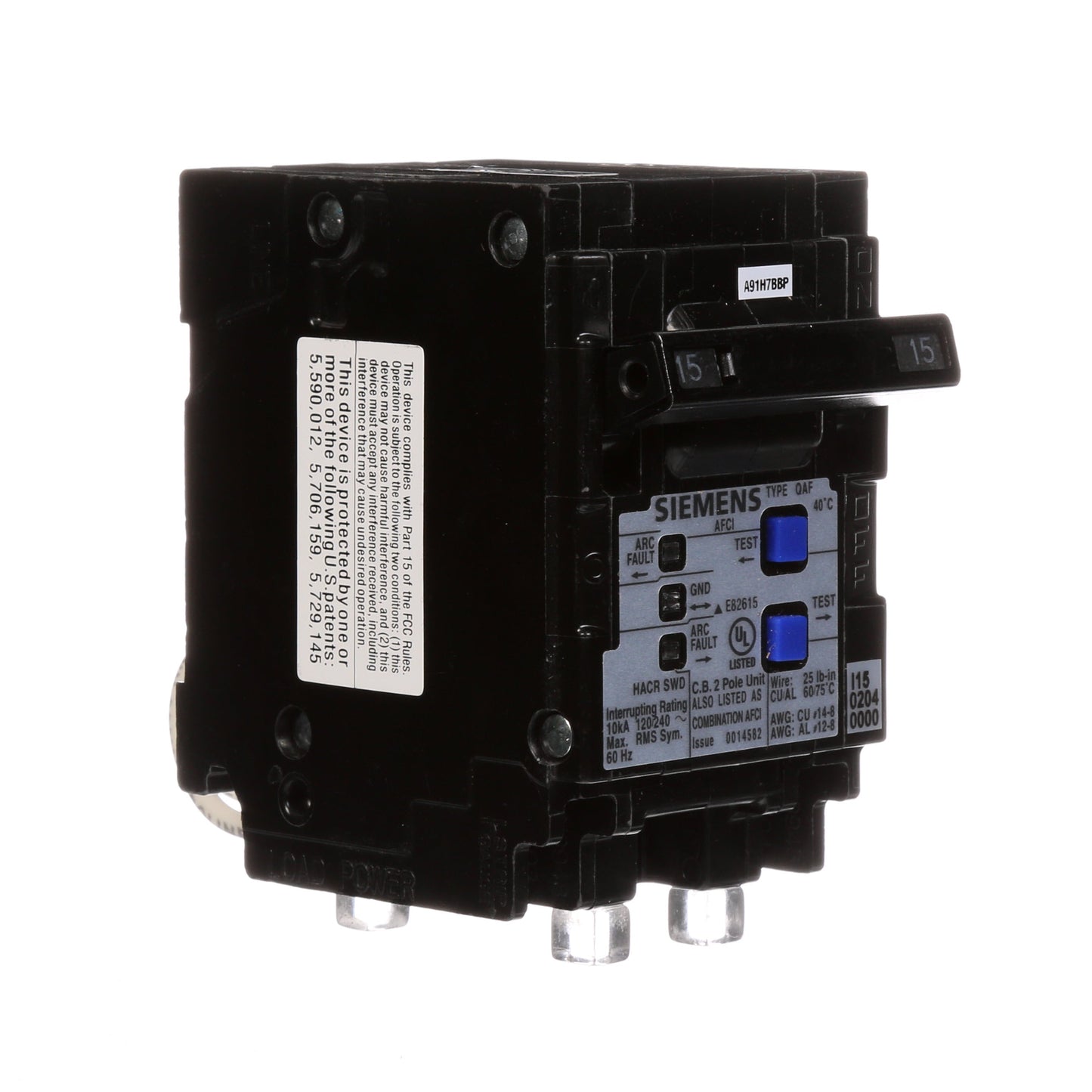 Siemens Q215AFC Circuit Breaker | 240V 15A 2P 10kA@240V Plug-In Q Series