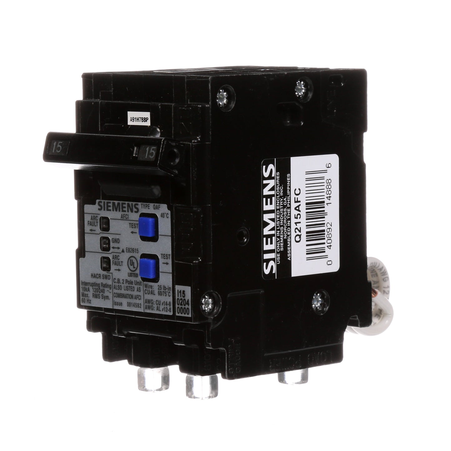 Siemens Q215AFC Circuit Breaker | 240V 15A 2P 10kA@240V Plug-In Q Series