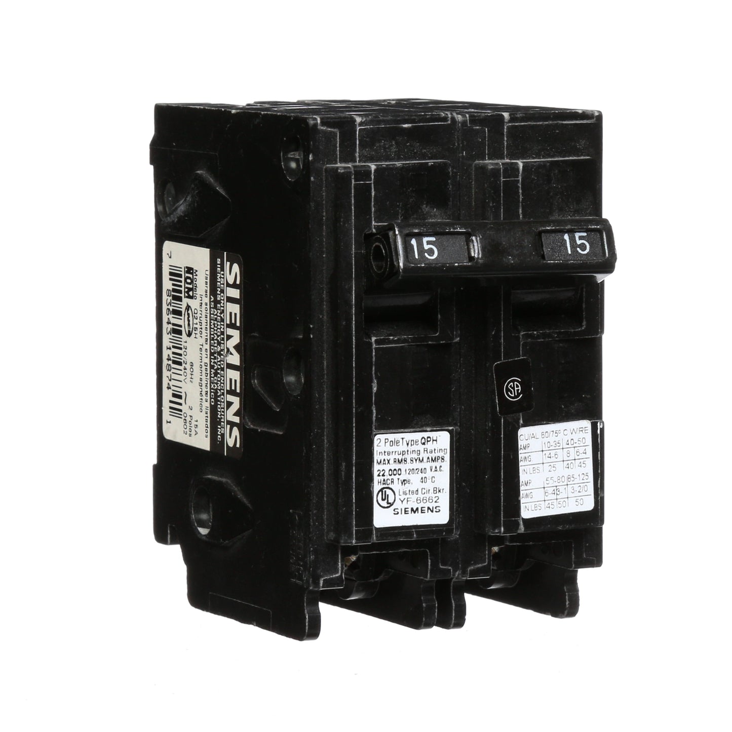 Siemens Q215H Circuit Breaker | 240V 15A 2P 22kA@240V Plug-In Q Series