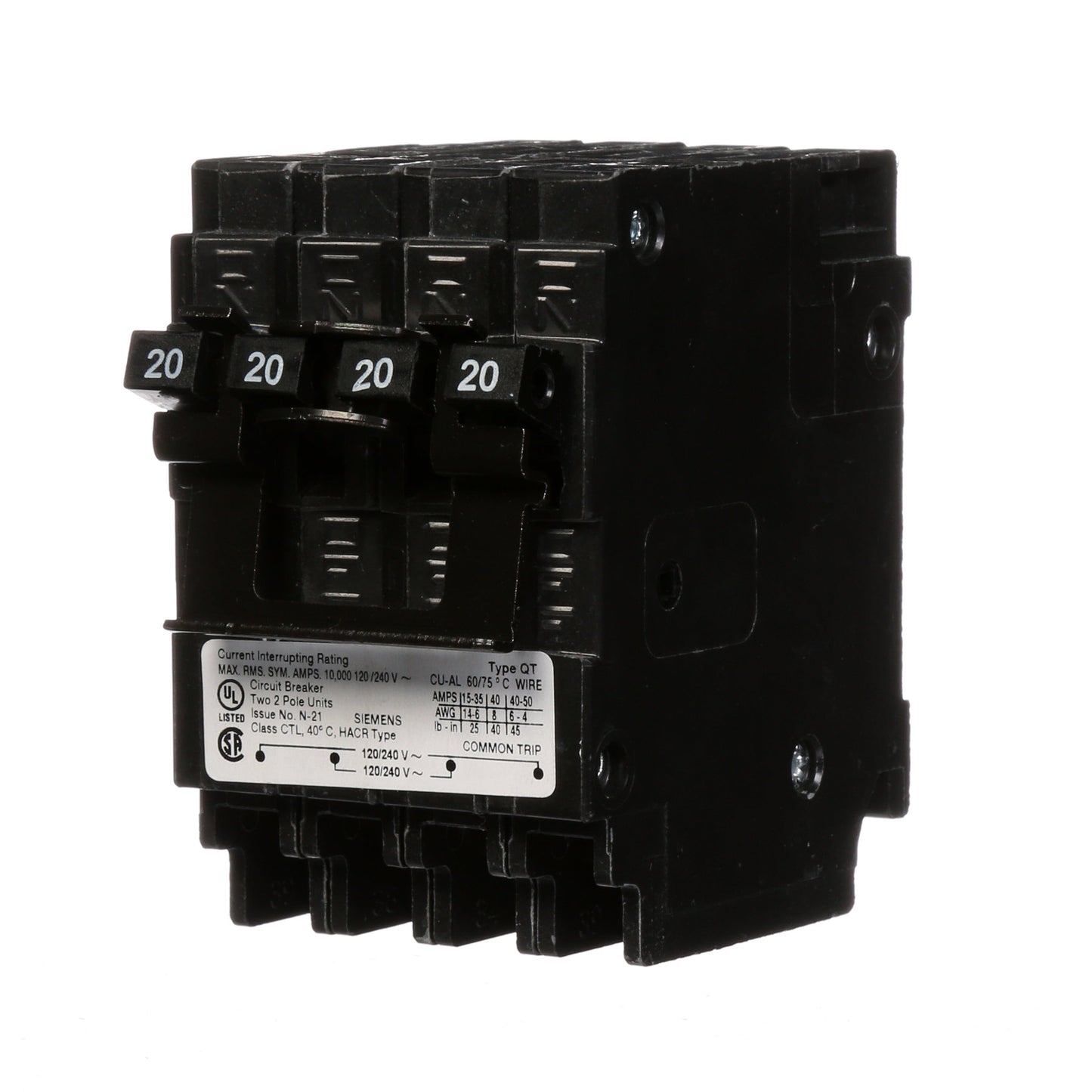 Siemens Q22020CT2 Circuit Breaker | 240V 15A 2P 10kA@240V Plug-In Q Series
