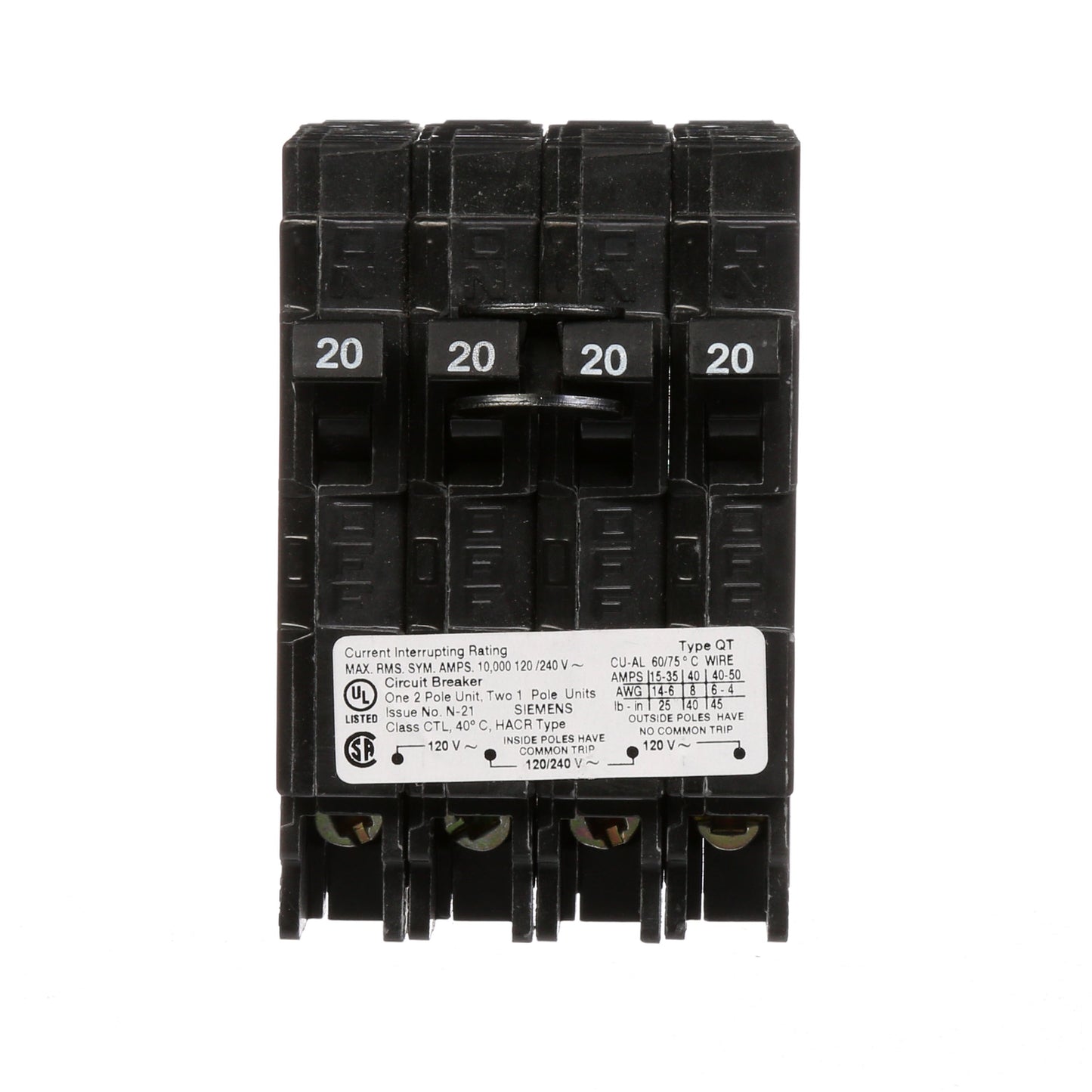 Siemens Q22020CT Circuit Breaker | 240V 20A 2P 10kA@240V Plug-In Q Series