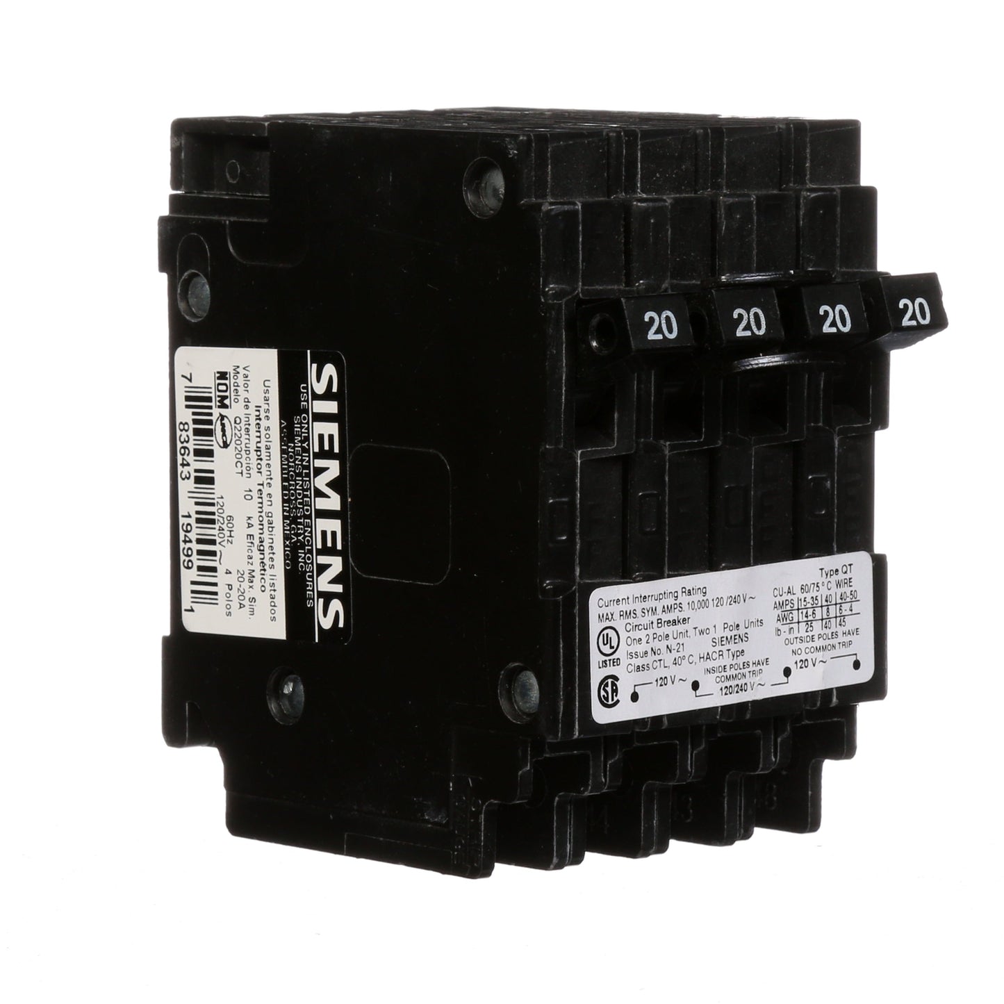 Siemens Q22020CT Circuit Breaker | 240V 20A 2P 10kA@240V Plug-In Q Series