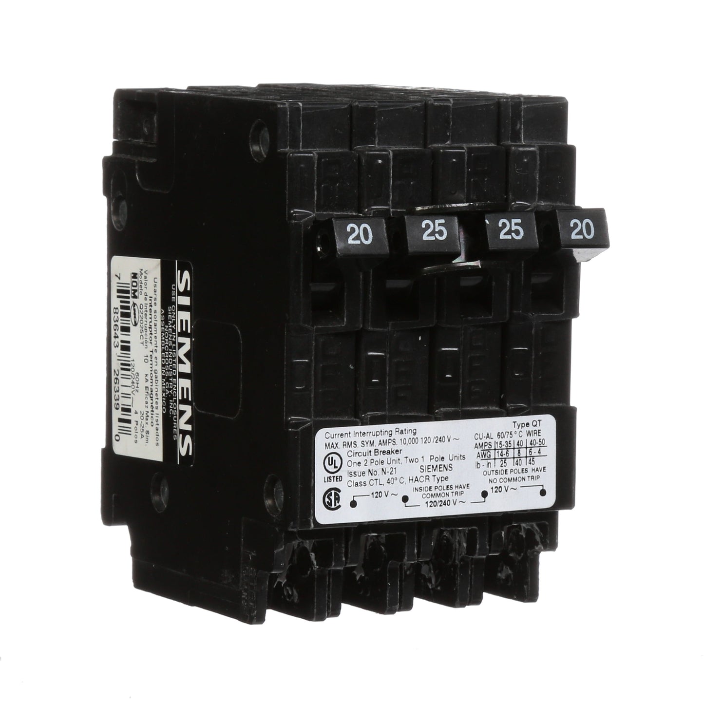 Siemens Q22025CT Circuit Breaker | 240V 25A 2P 10kA@240V Plug-In Q Series