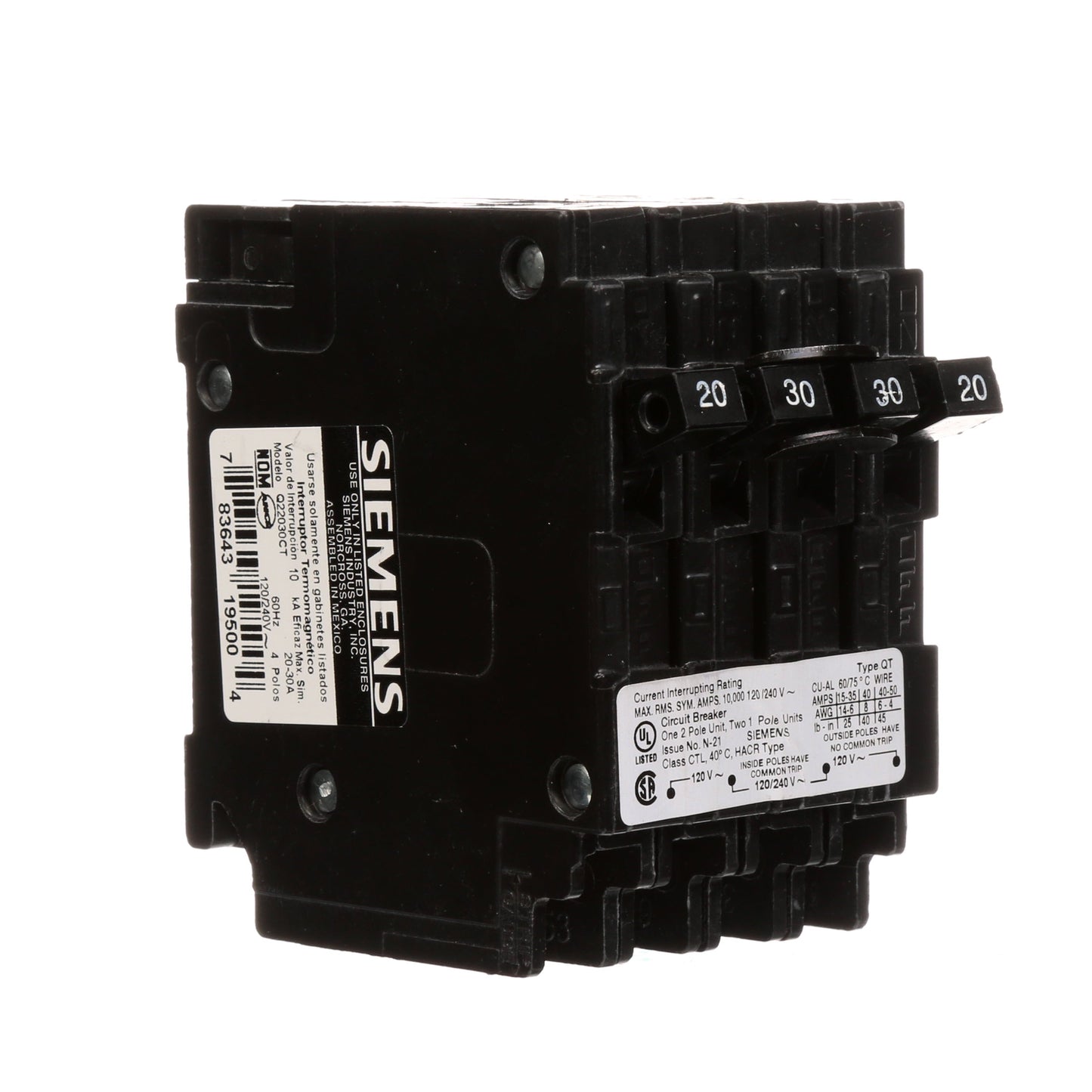 Siemens Q22030CT Circuit Breaker | 240V 30A 2P 10kA@240V Plug-In Q Series