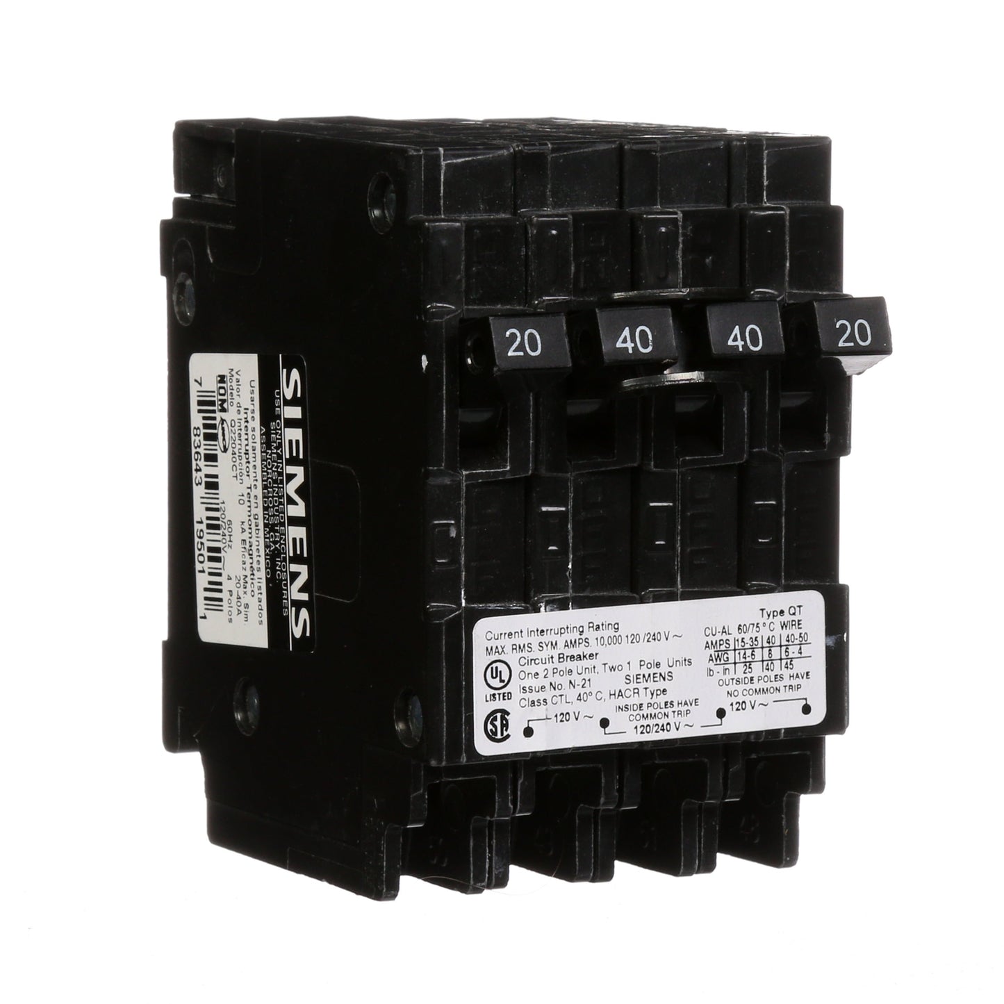 Siemens Q22040CT Circuit Breaker | 240V 40A 2P 10kA@240V Plug-In Q Series