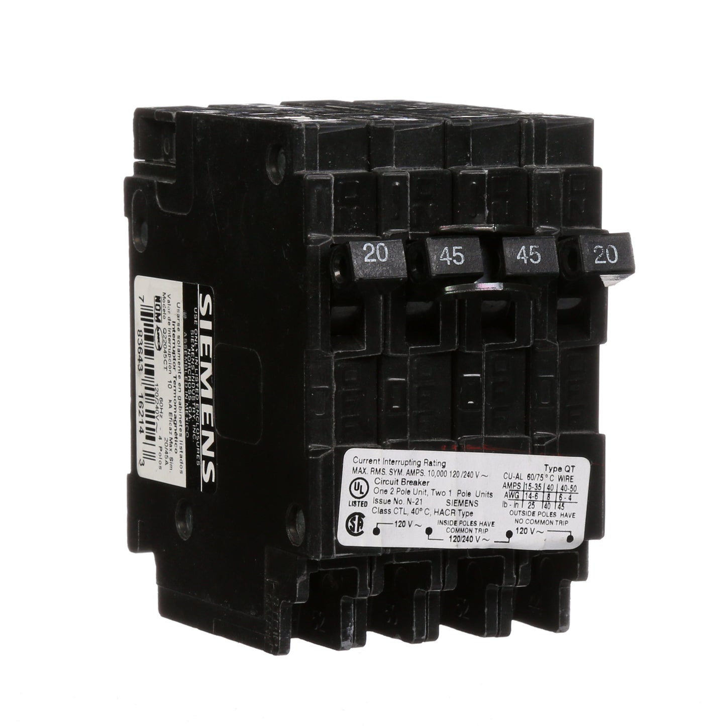 Siemens Q22045CT Circuit Breaker | 240V 45A 2P 10kA@240V Q Series