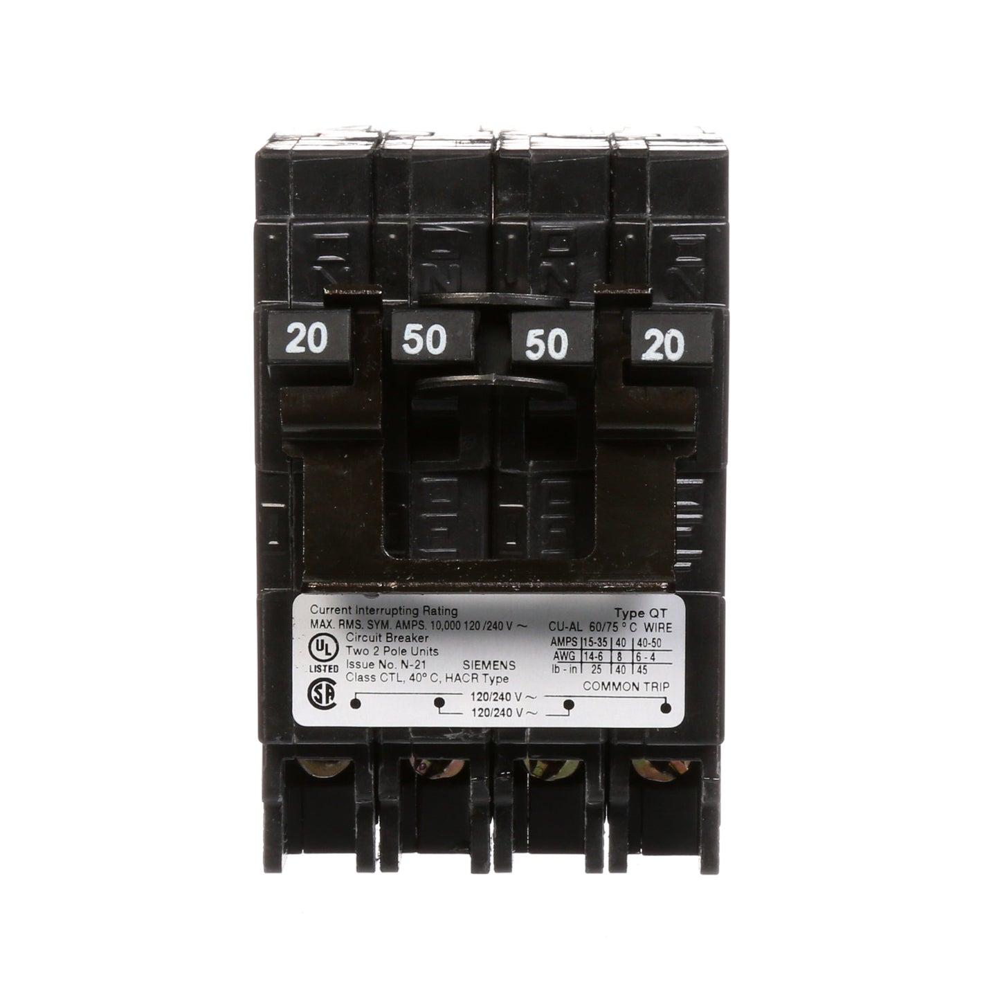 Siemens Q22050CT2 Circuit Breaker | 240V 50A 2P 10kA@240V Plug-In Q Series