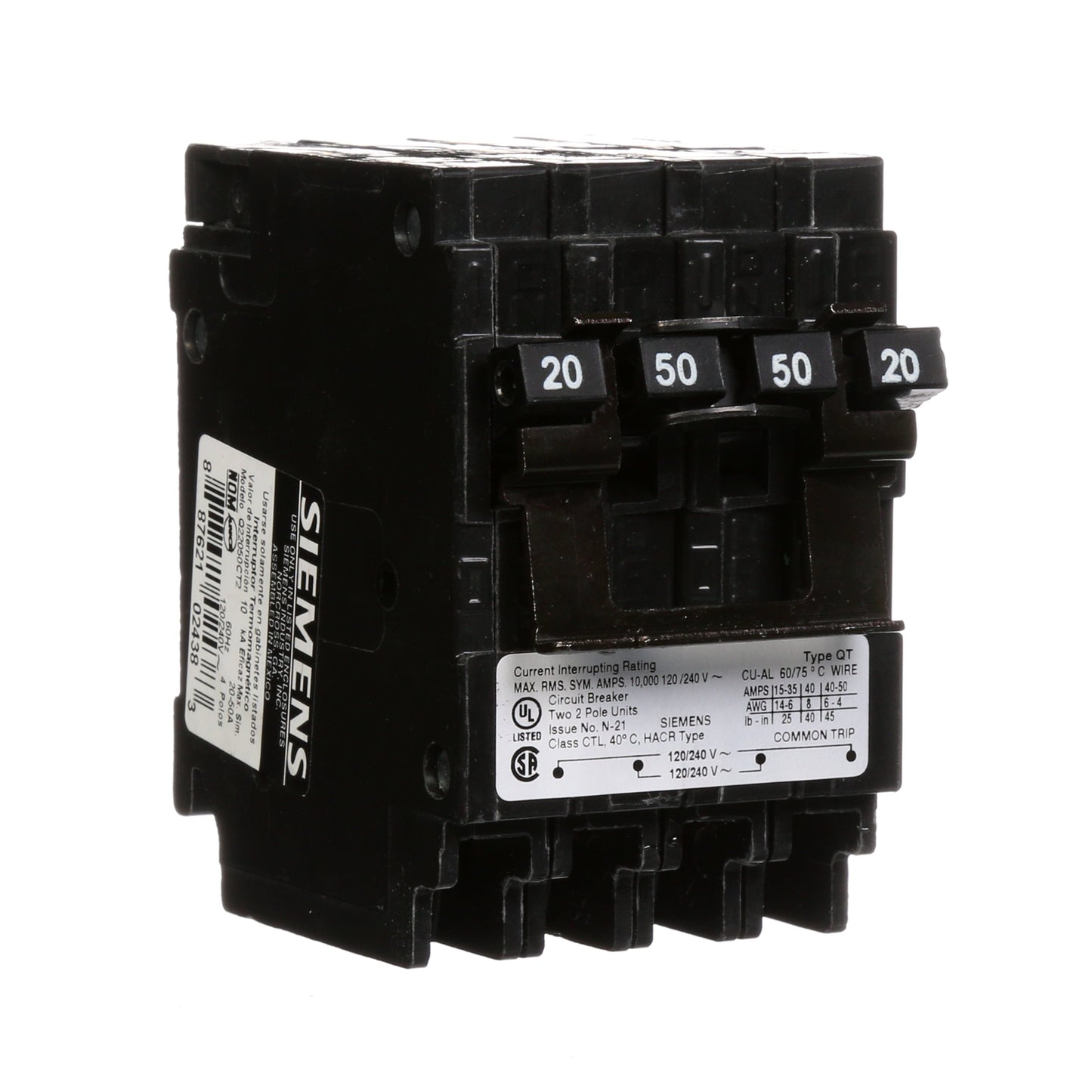 Siemens Q22050CT2 Circuit Breaker | 240V 50A 2P 10kA@240V Plug-In Q Series