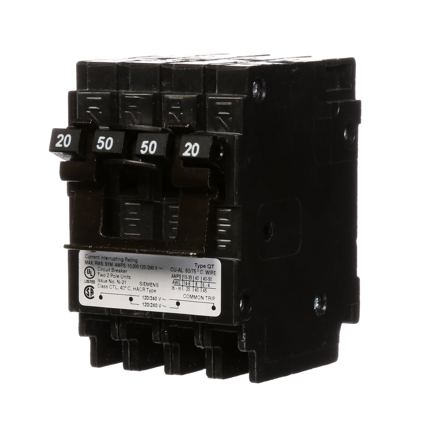 Siemens Q22050CT2 Circuit Breaker | 240V 50A 2P 10kA@240V Plug-In Q Series