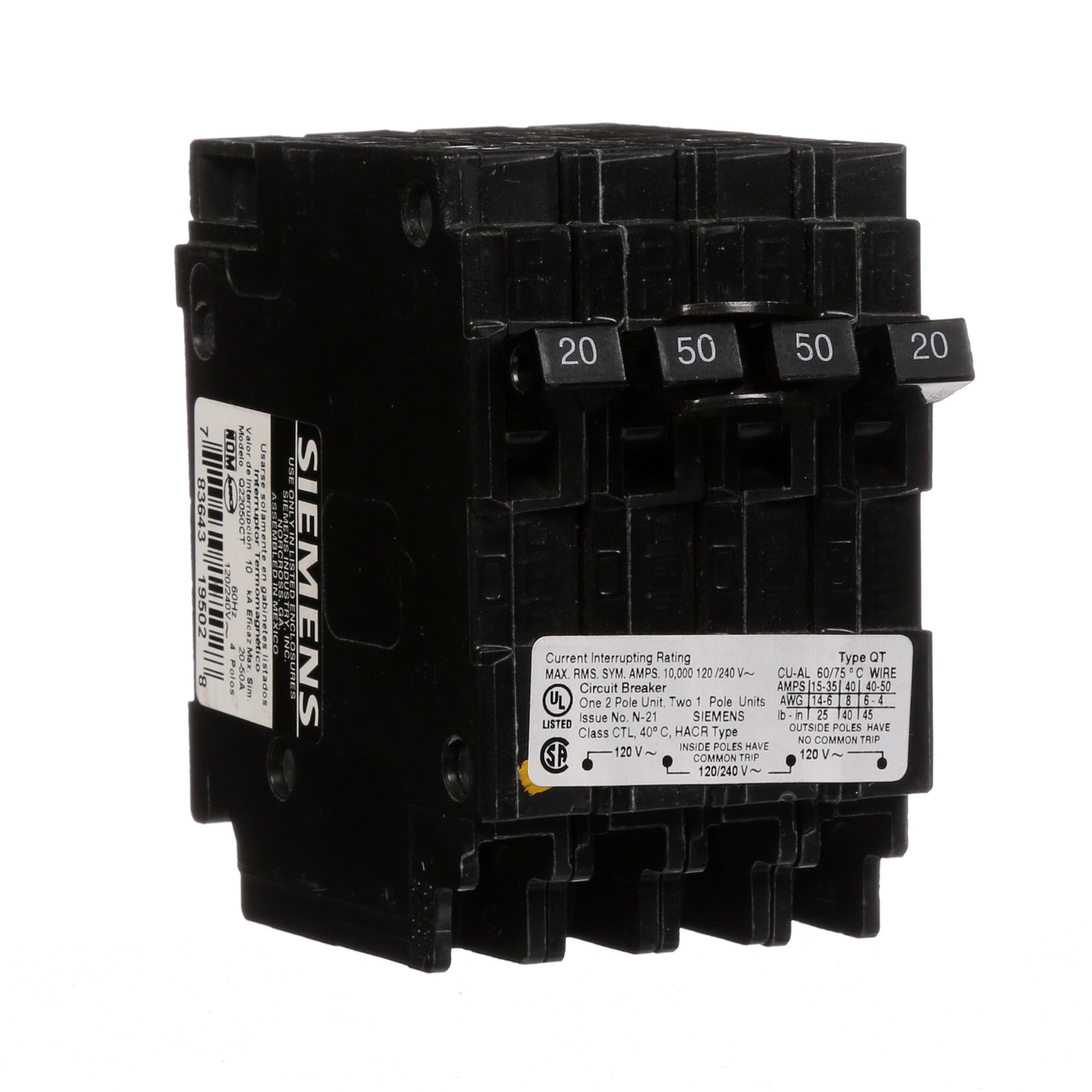 Siemens Q22050CT Circuit Breaker | 240V 50A 2P 10kA@240V Plug-In Q Series