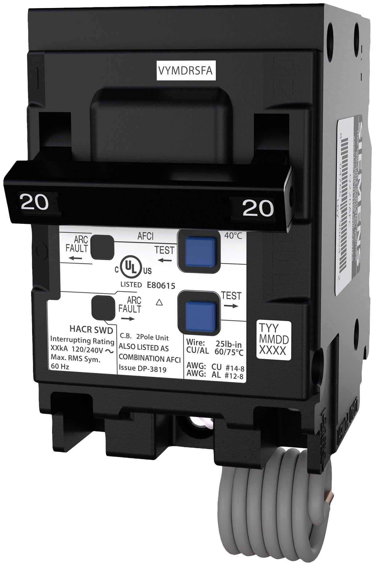 Siemens Q220AFC Circuit Breaker | 240V 20A 2P Plug-In 10kA@240V Q Series