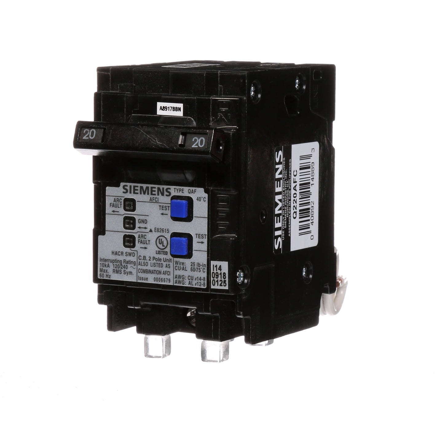 Siemens Q220AFC Circuit Breaker | 240V 20A 2P Plug-In 10kA@240V Q Series