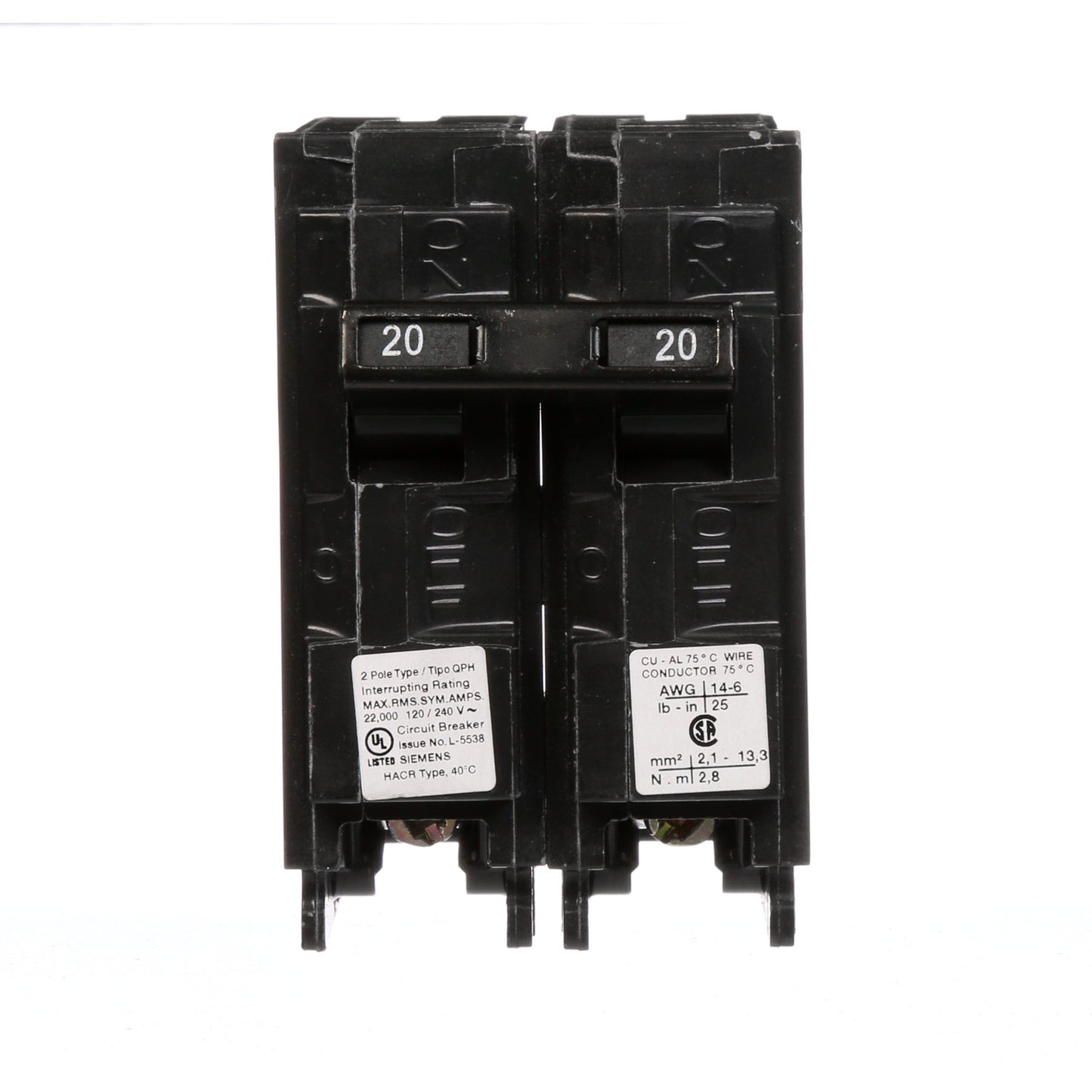 Siemens Q220H Circuit Breaker | 240V 20A 2P 22kA@240V Plug-In Q Series