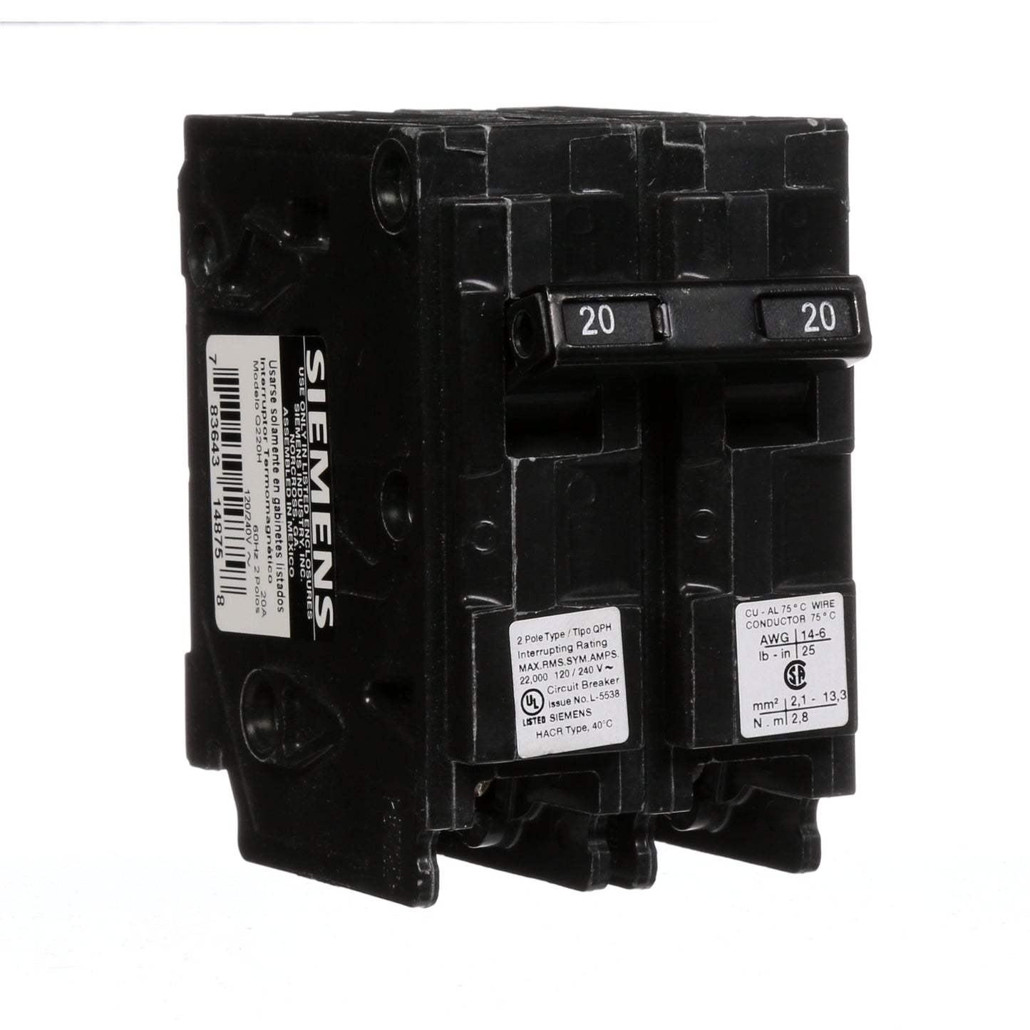 Siemens Q220H Circuit Breaker | 240V 20A 2P 22kA@240V Plug-In Q Series