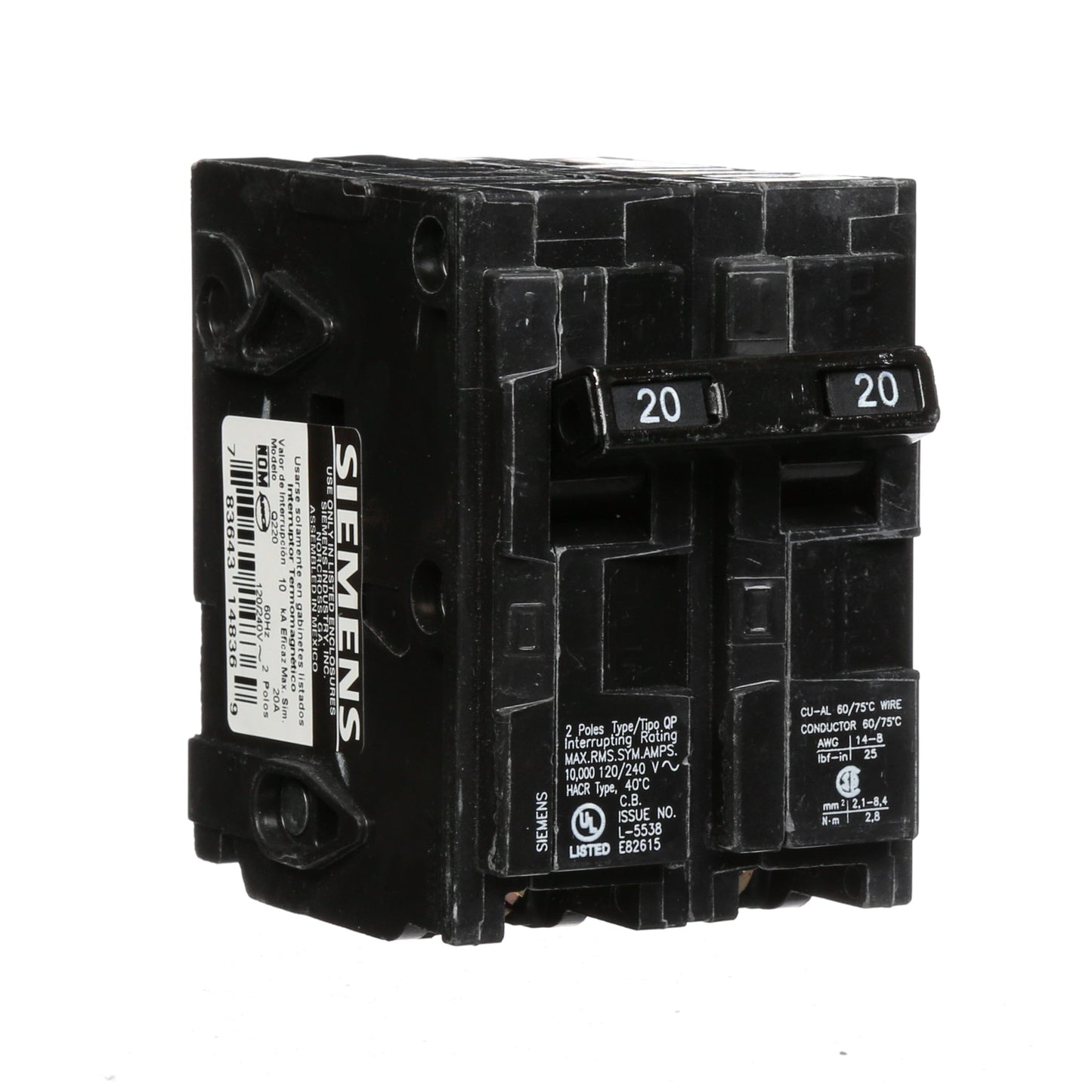 Siemens Q220 Circuit Breaker 120/240V 20A 2P 10kA@240V Plug-In Q Series