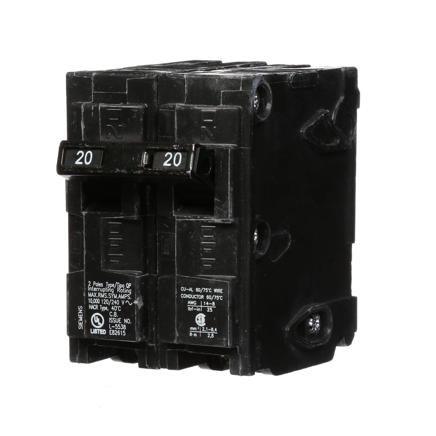 Siemens Q220 Circuit Breaker 120/240V 20A 2P 10kA@240V Plug-In Q Series