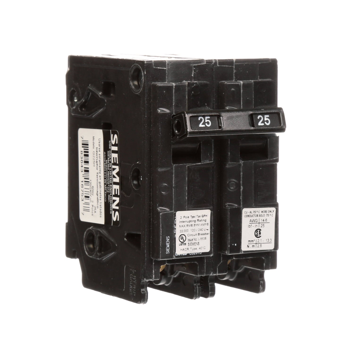 Siemens Q225H Circuit Breaker | 240V 25A 2P 22kA@240V Plug-In