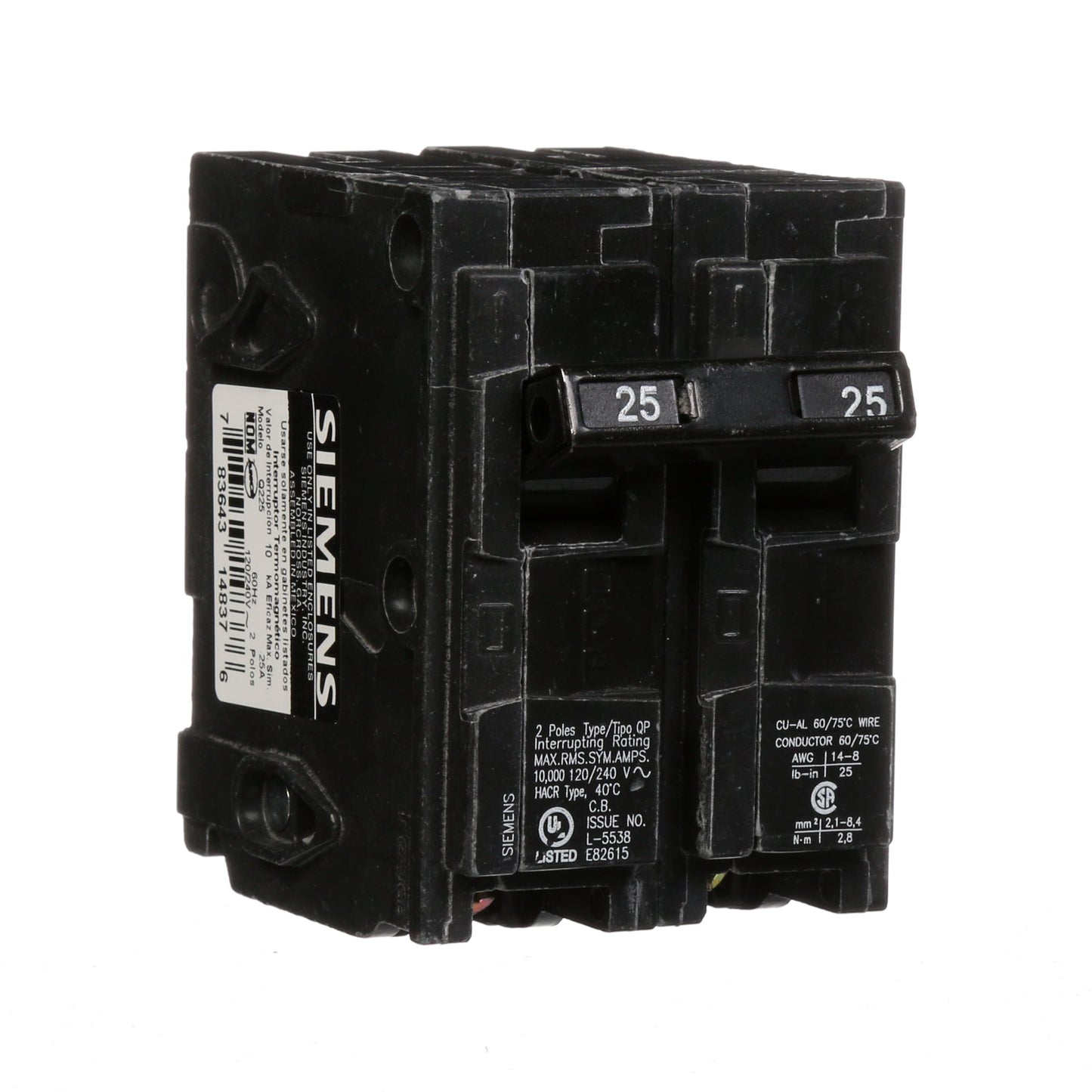 Siemens Q225 Circuit Breaker 120/240V 25A 2P 10kA@240V Plug-In Q Series