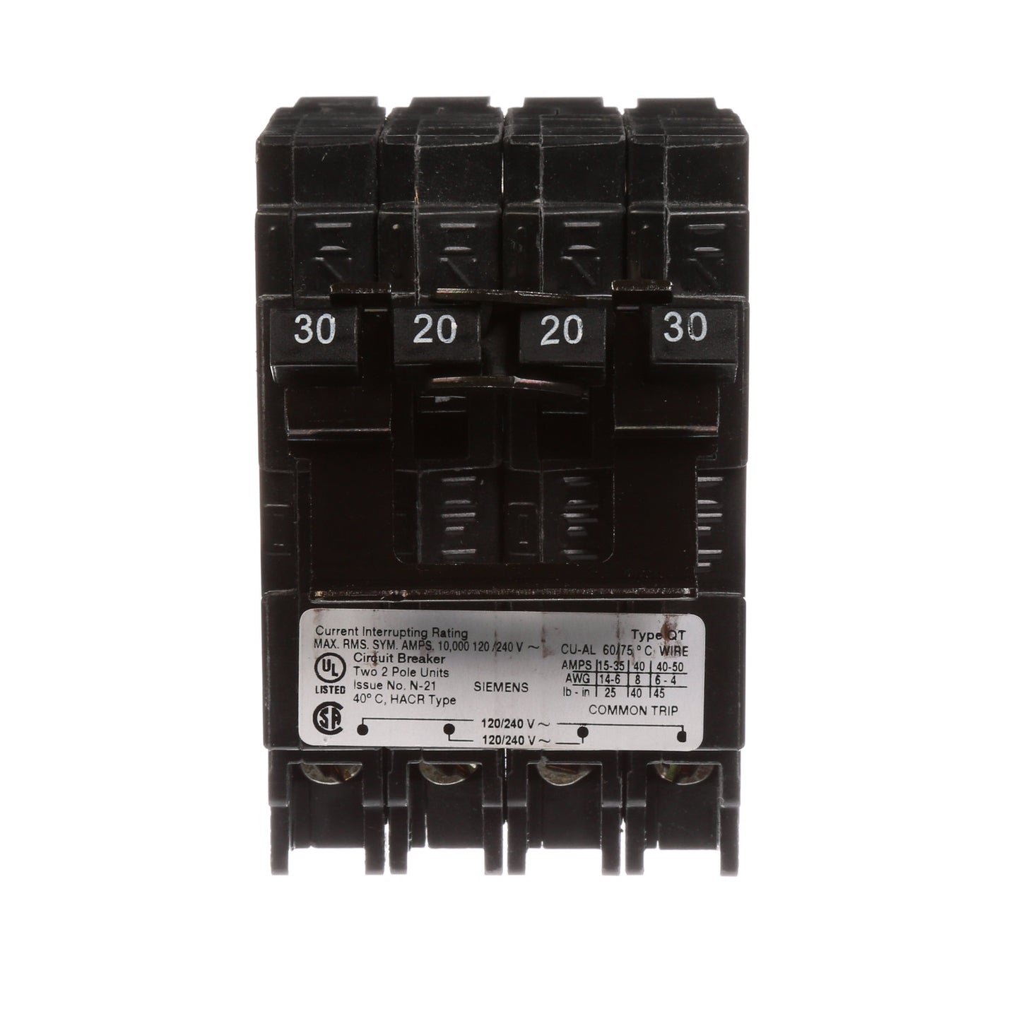 Siemens Q23020CT2NC Circuit Breaker | 240V 30A 4P 10kA@240V Plug-In QT Quadplex