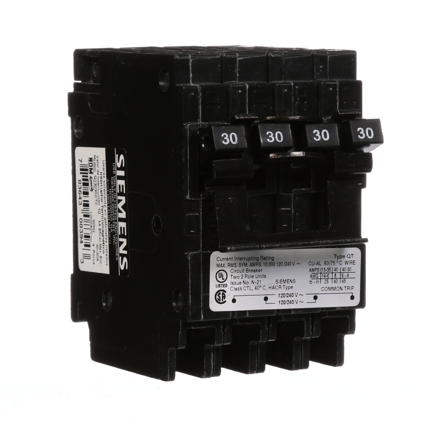 Siemens Q23030CT2 Circuit Breaker | 240V 30A 2P 10kA@240V Plug-In Q Series