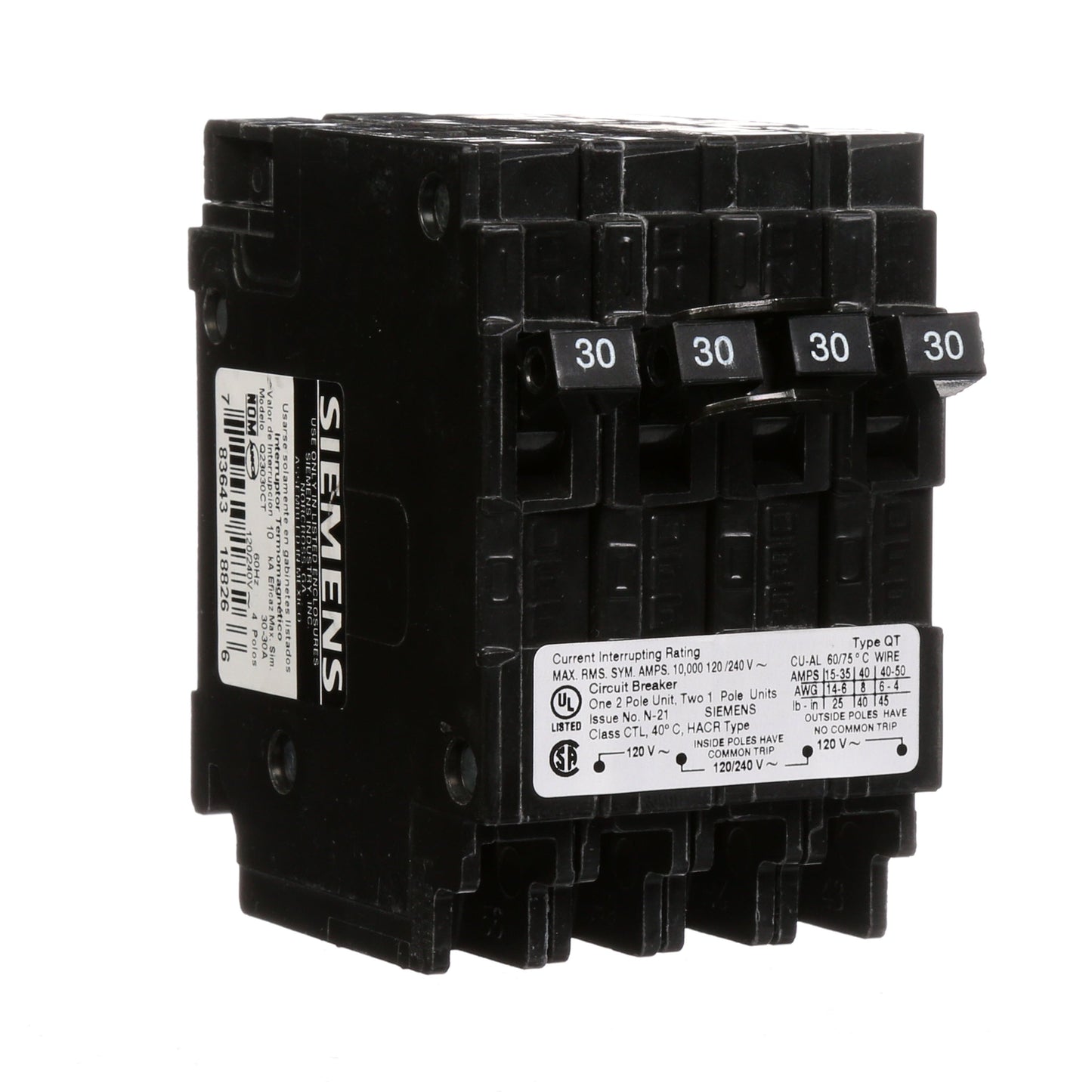 Siemens Q23030CT Circuit Breaker | 240V 30A 2P 10kA@240V Plug-In Q Series