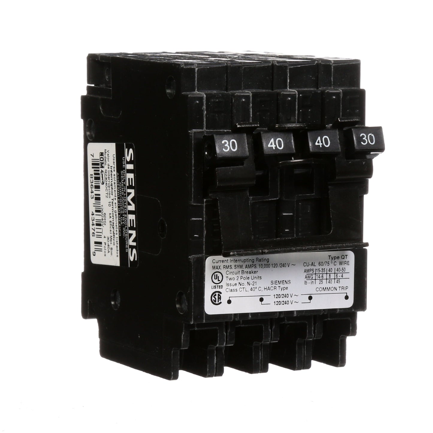 Siemens Q23040CT2 Circuit Breaker | 240V 30A 2P 10kA@240V Plug-In Q Series