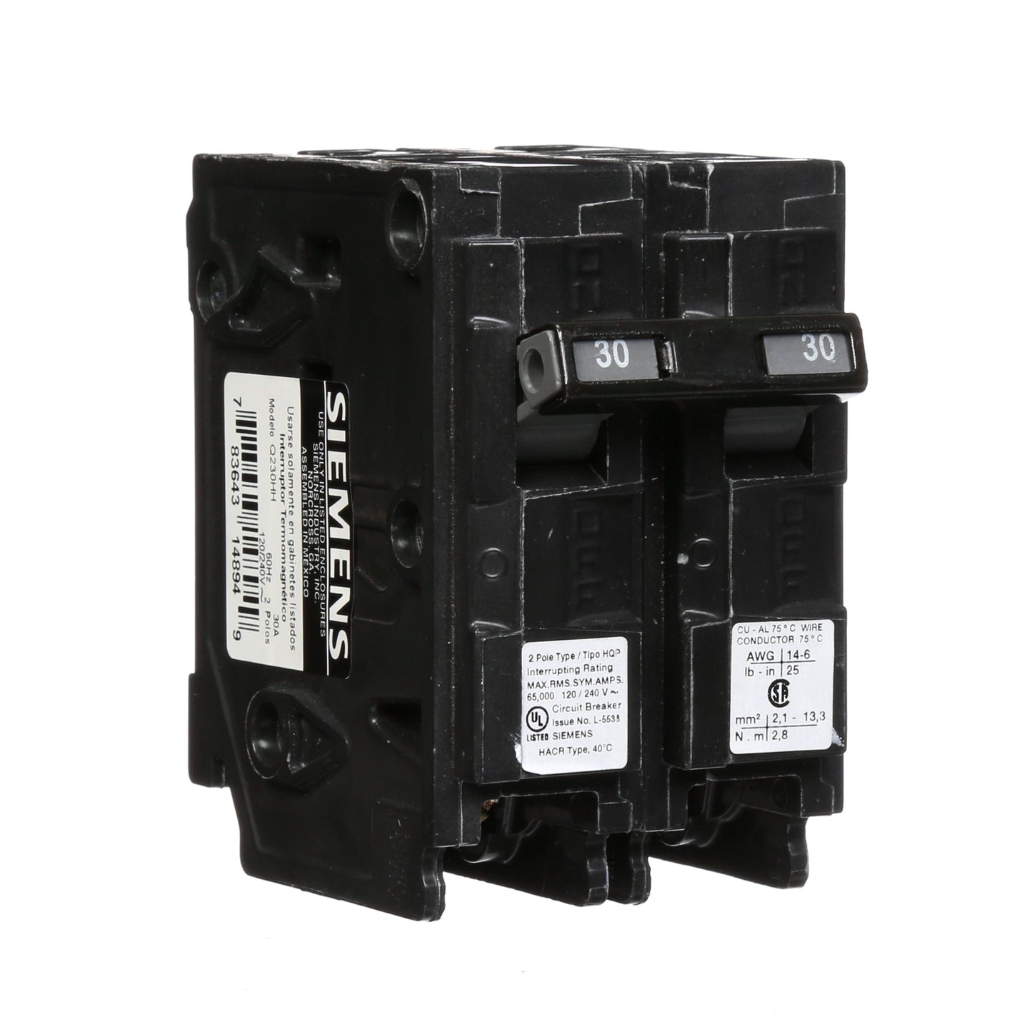 Siemens Q230HH Circuit Breaker | 240V 30A 2P 65kA@240V Plug-In Q Series