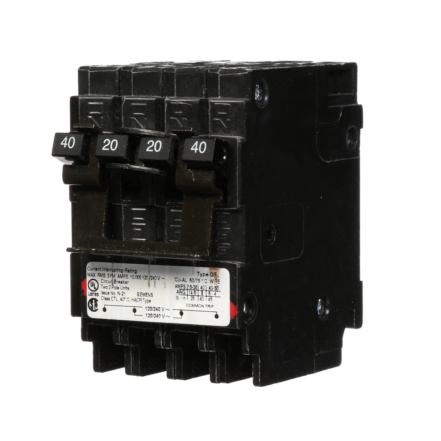 Siemens Q24020CT2 Circuit Breaker | 240V 40A 2P 10kA@240V Plug-In Q Series