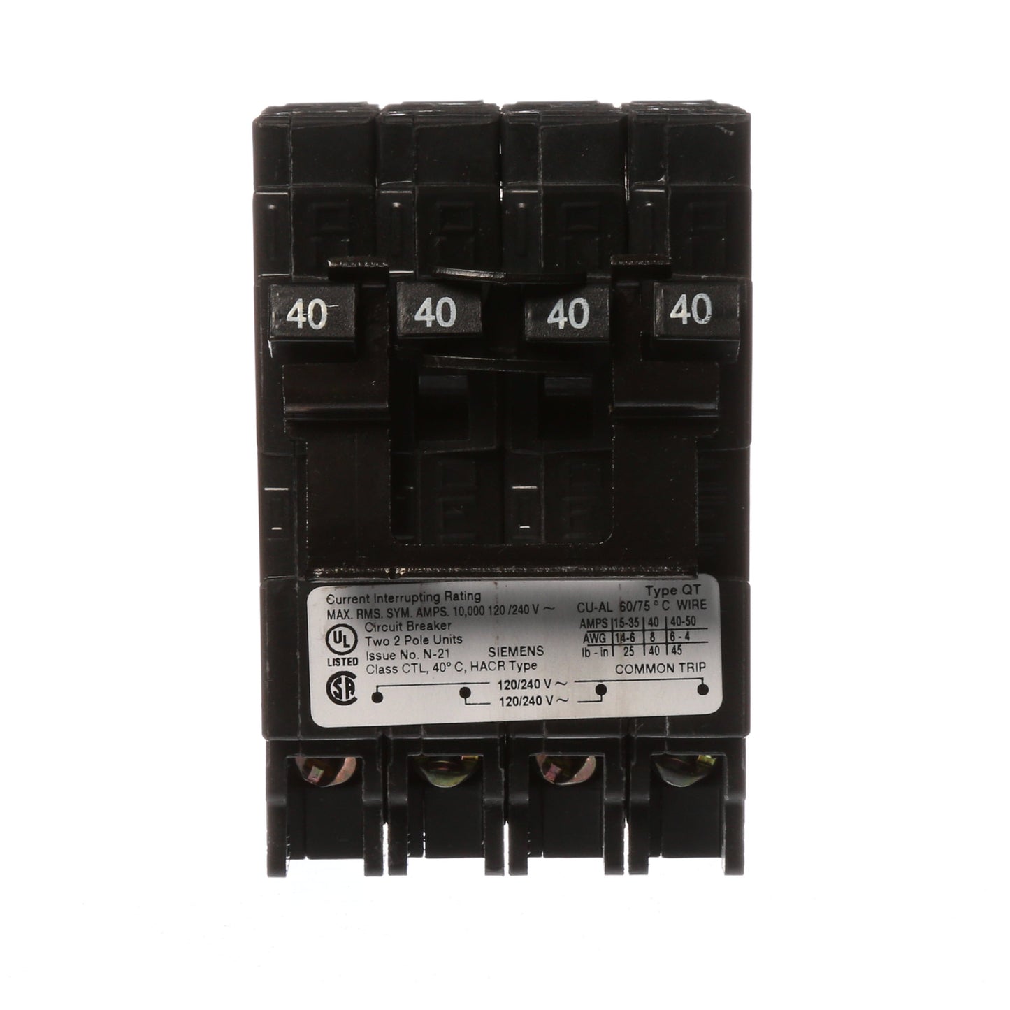 Siemens Q24040CT2 Circuit Breaker | 240V 40A 2P Plug-In 10kA@240V Q Series