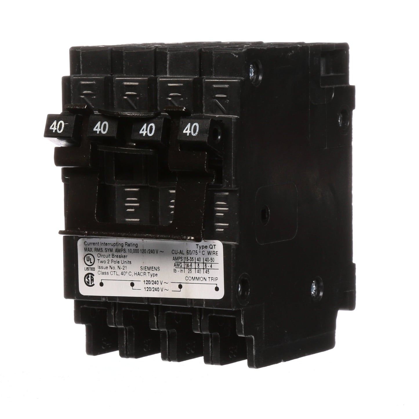 Siemens Q24040CT2 Circuit Breaker | 240V 40A 2P Plug-In 10kA@240V Q Series