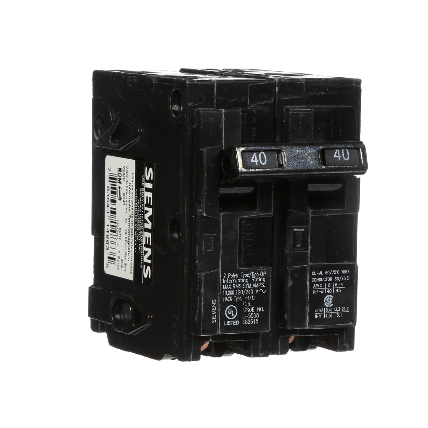 Siemens Q240 Circuit Breaker | 120/240V 40A 2P 10kA@240V Plug-In Q Series
