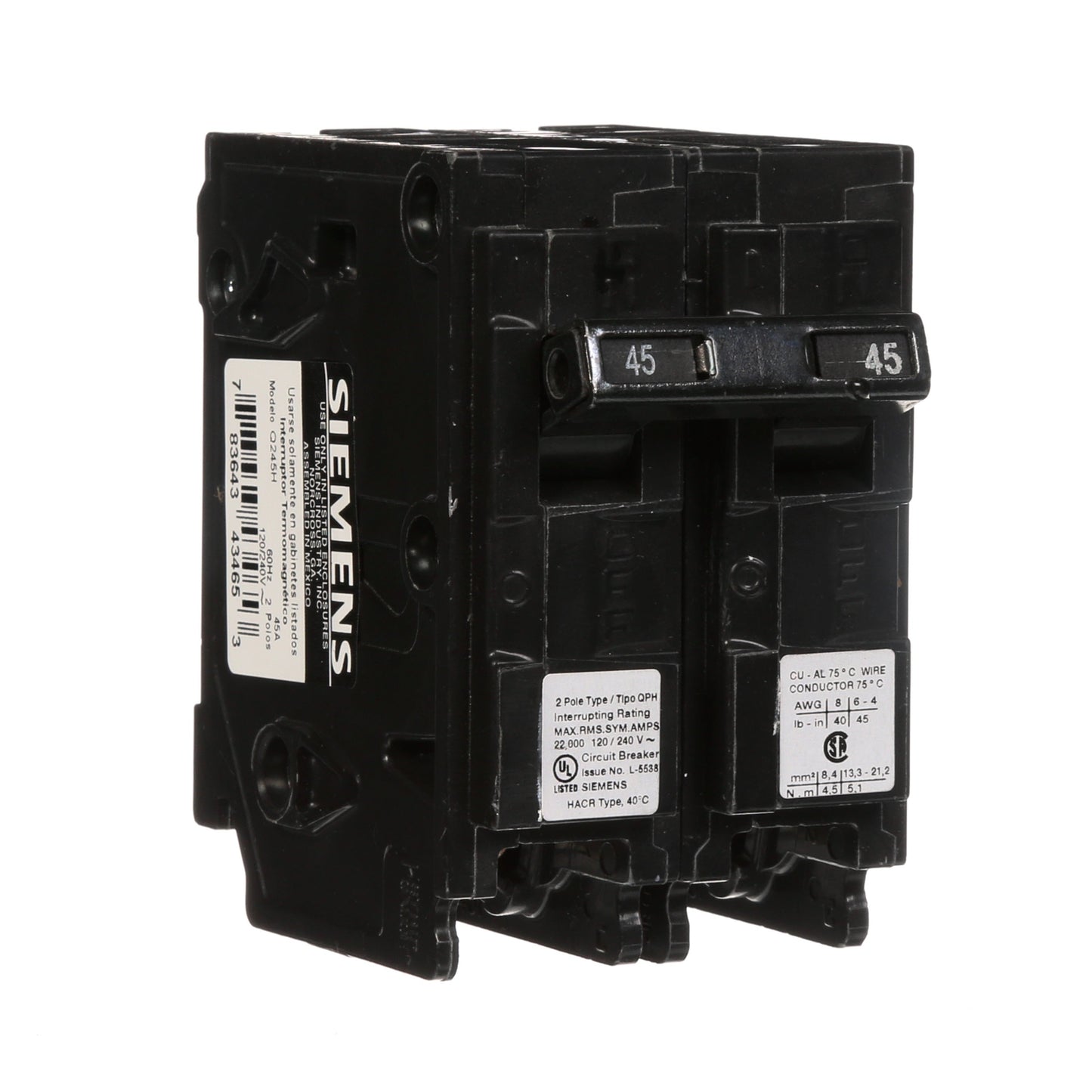 Siemens Q245H Circuit Breaker | 240V 45A 22kA@240V Plug-In Q Series