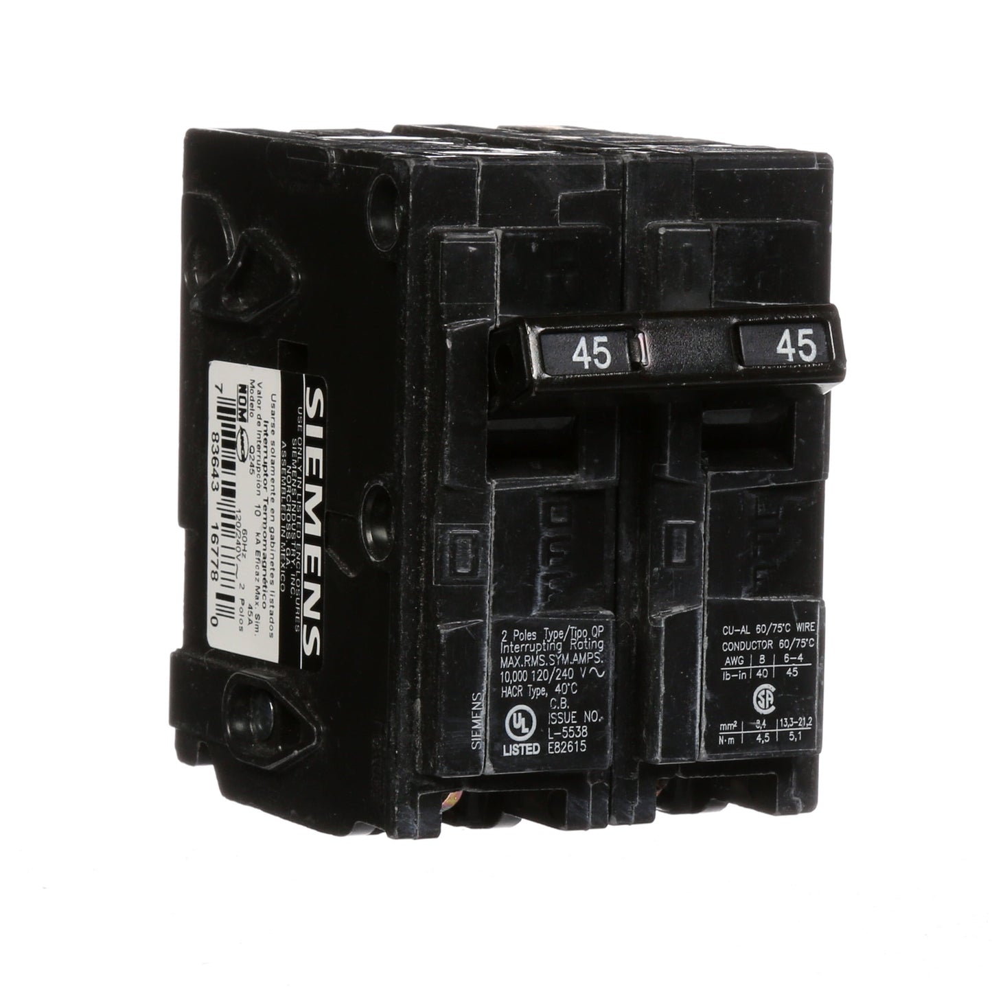 Siemens Q245 Circuit Breaker | 240V 45A 2 Pole 10kA@240V Plug-In Q Series