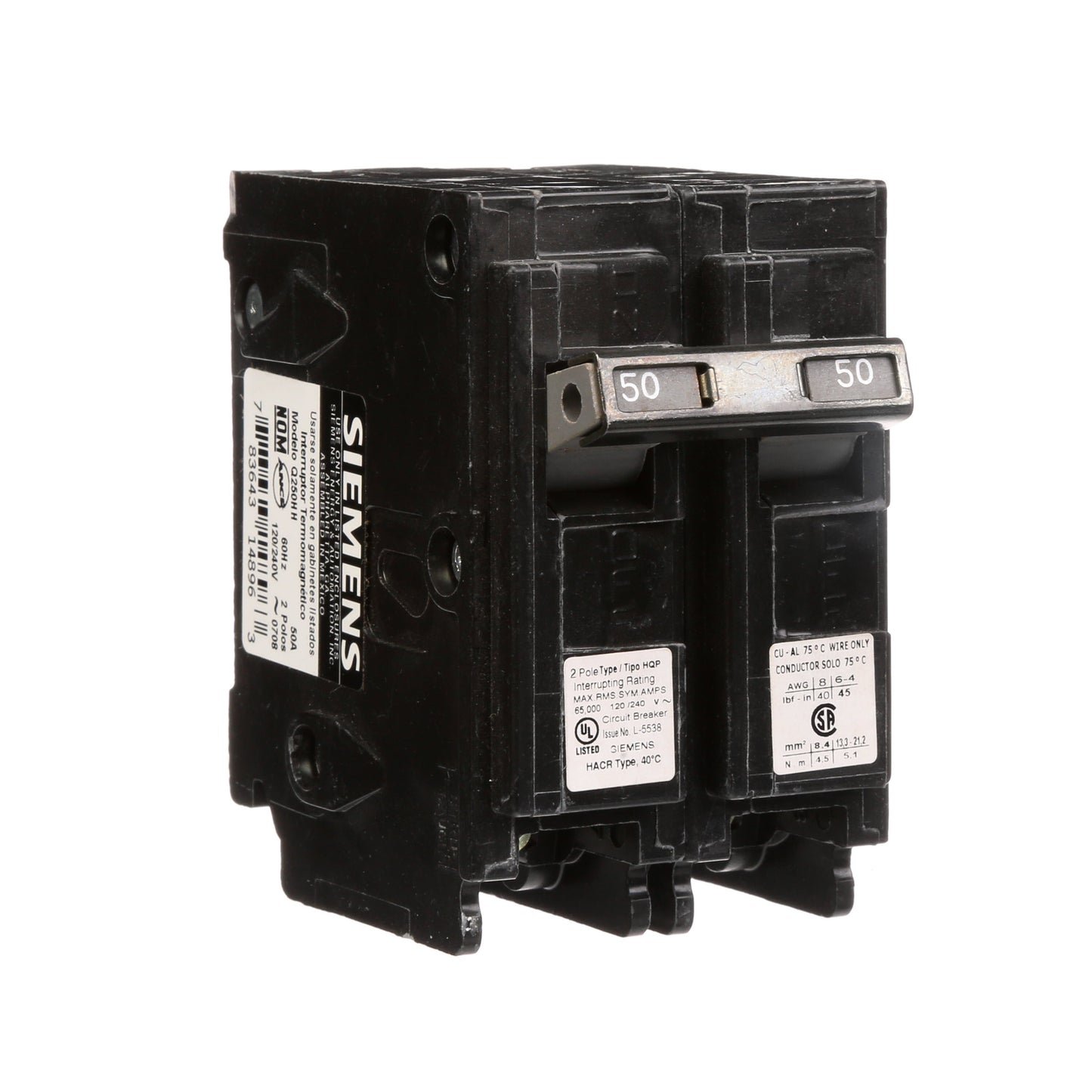 Siemens Q250HH Circuit Breaker | 240V 50A 2P 65kA@240V Plug-In Q Series