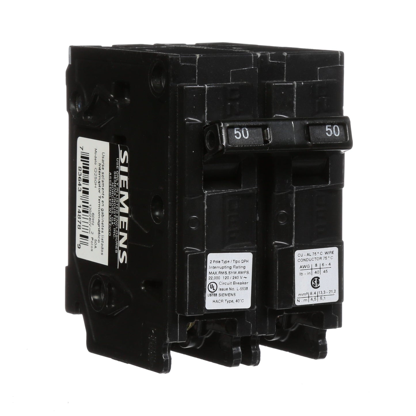 Siemens Q250H Circuit Breaker | 240V 50A 2P 22kA@240V Plug-In Q Series