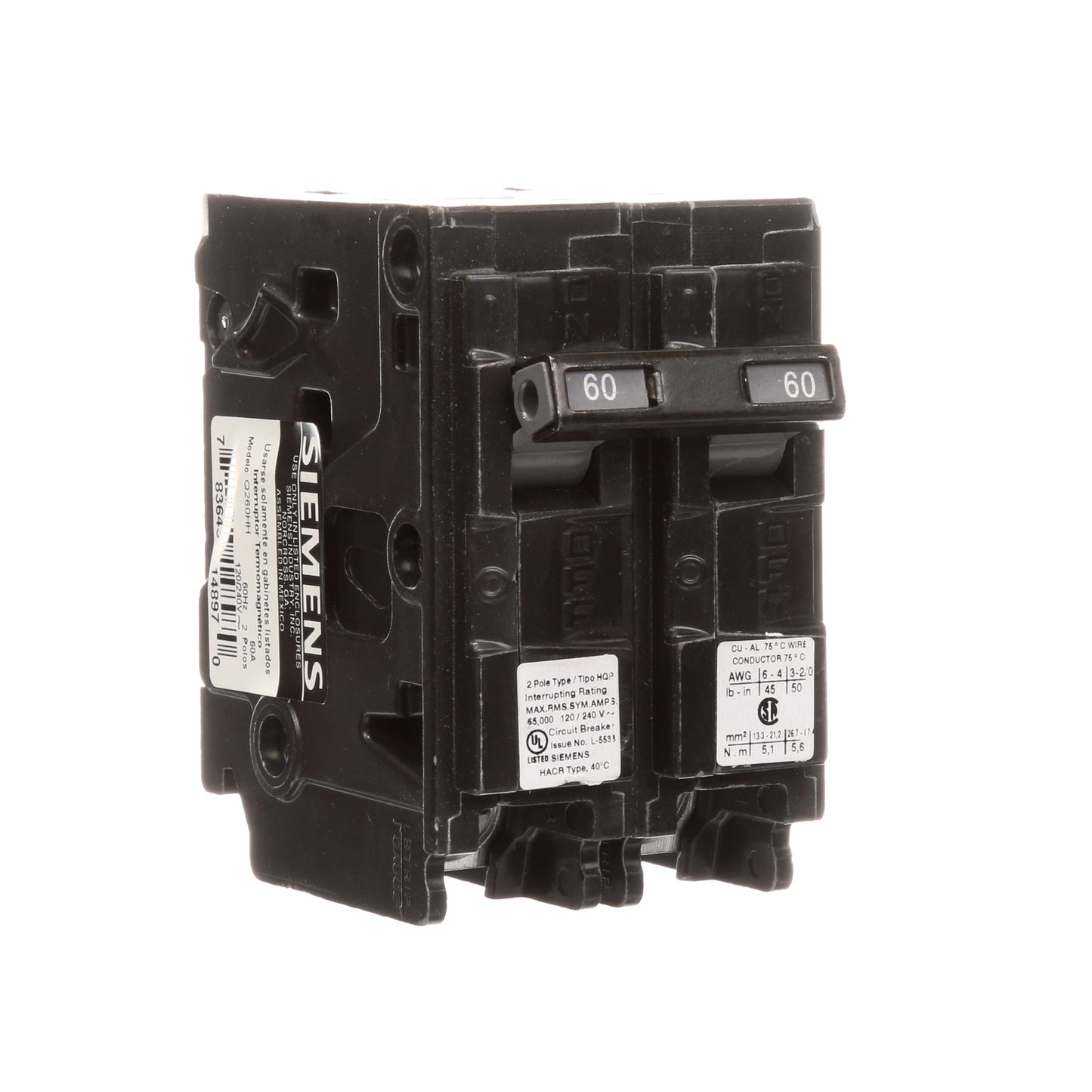 Siemens Q260HH Circuit Breaker | 240V 60A 2P 65kA@240V Plug-In Q Series