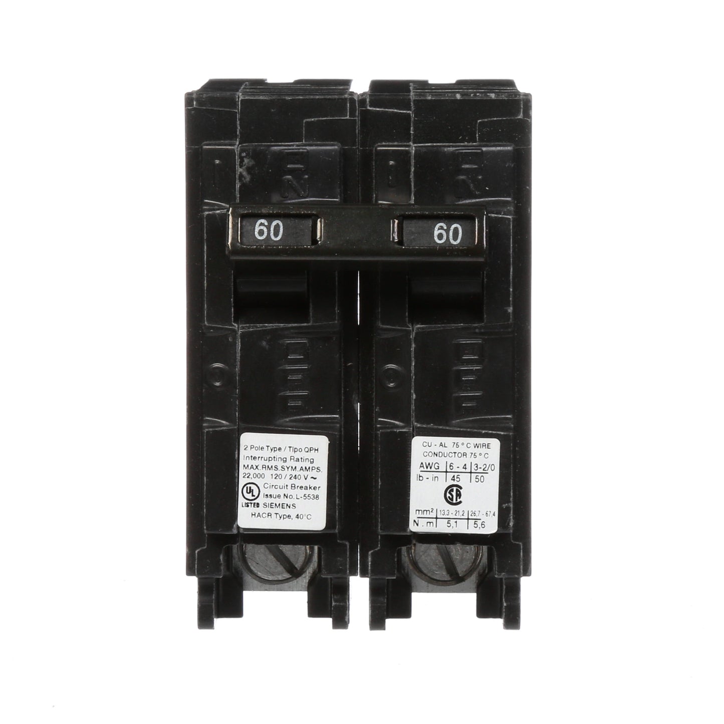 Siemens Q260H Circuit Breaker | 240V 60A 2P 22kA@240V Plug-In Q Series