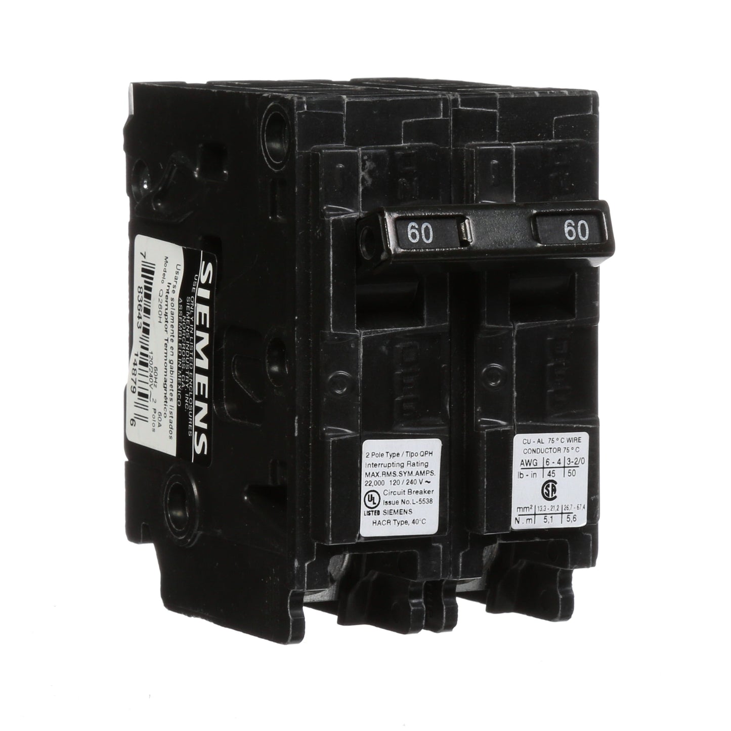 Siemens Q260H Circuit Breaker | 240V 60A 2P 22kA@240V Plug-In Q Series