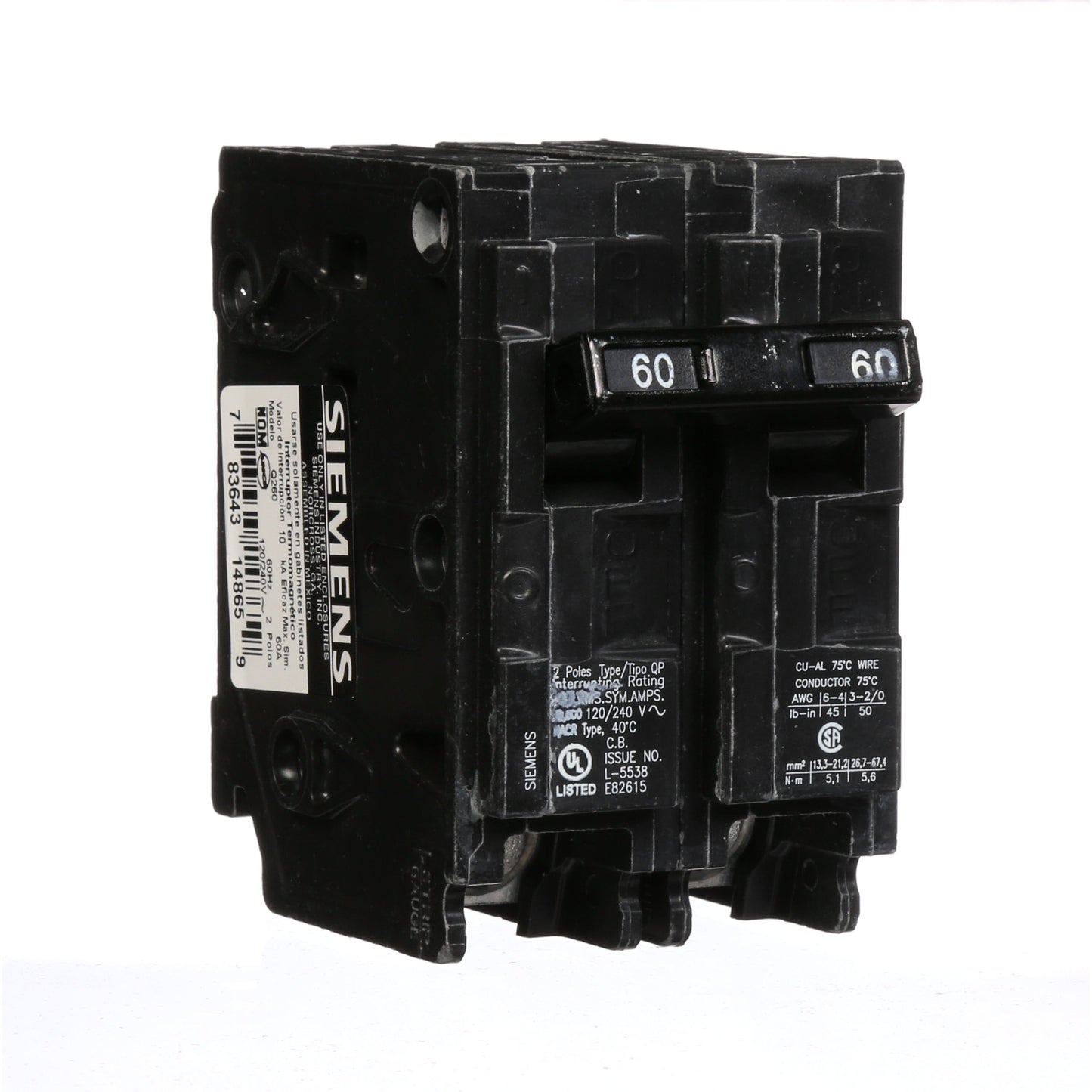 Siemens Q260 Circuit Breaker 120/240V 60A 2P 10kA@240V Plug-In Q Series