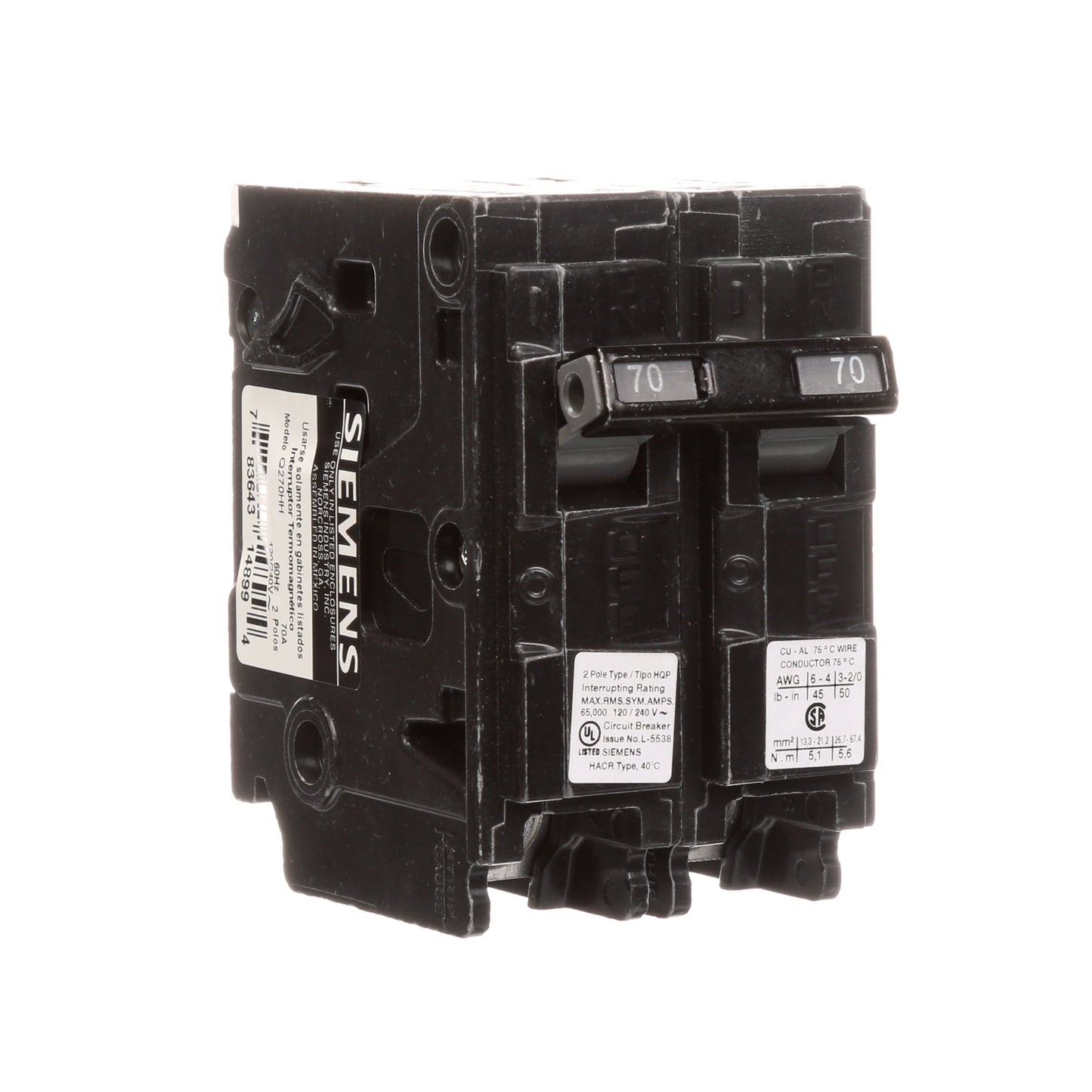 Siemens Q270HH Circuit Breaker | 240V 70A 2P 65kA@240V Plug-In Q Series