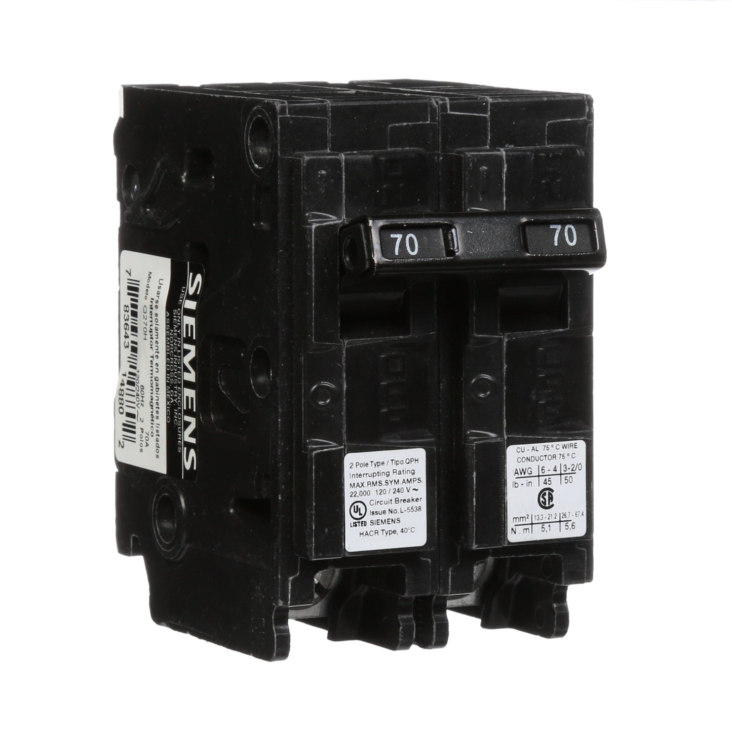 Siemens Q270H Circuit Breaker | 240V 70A 2P 22kA@240V Plug-In Q Series