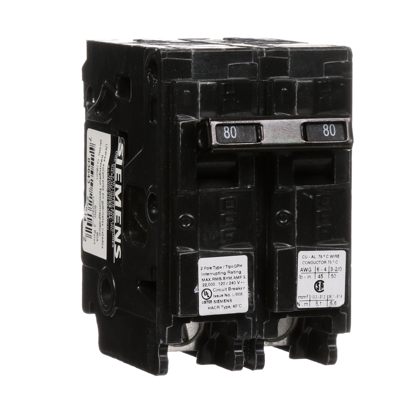 Siemens Q280H Circuit Breaker | 240V 80A 2P 22kA@240V Plug-In Q Series