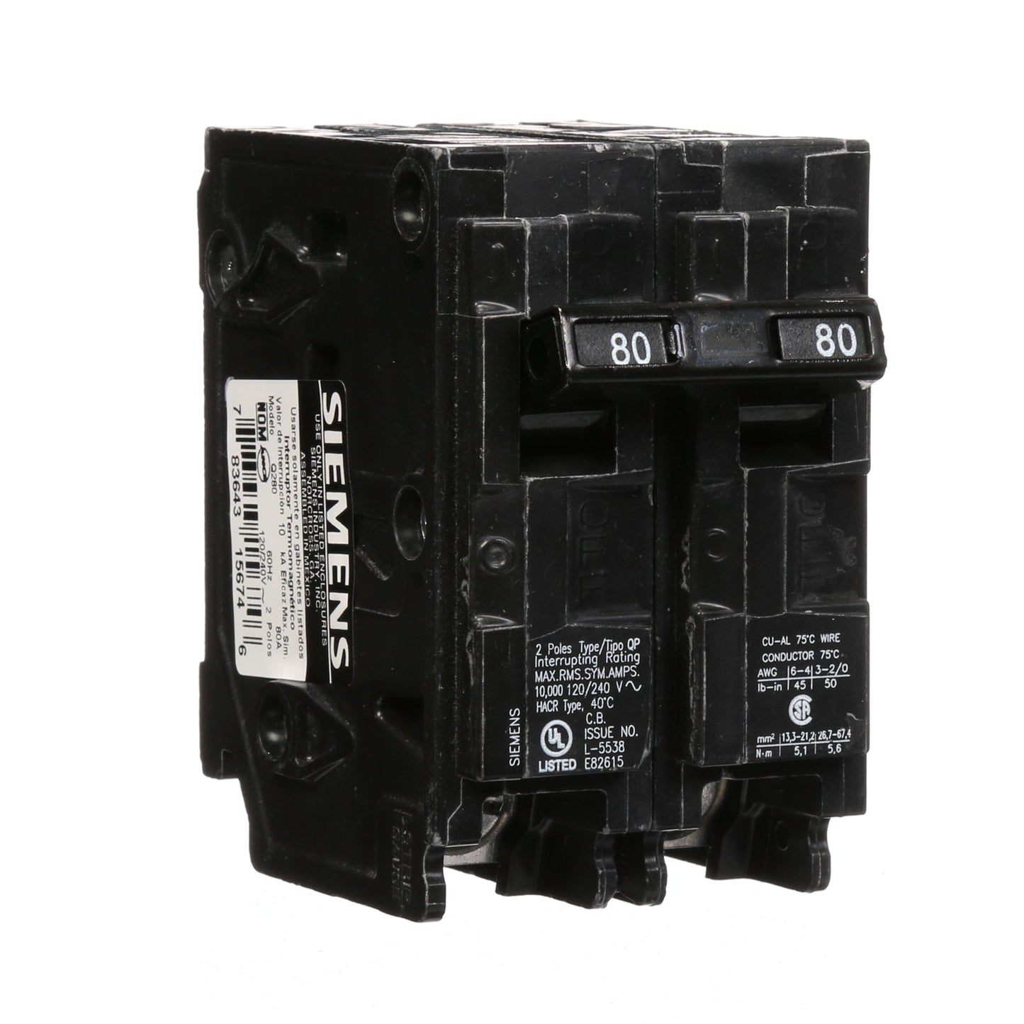 Siemens Q280 Circuit Breaker 120/240V 80A 2P 10kA@240V Plug-In Q Series