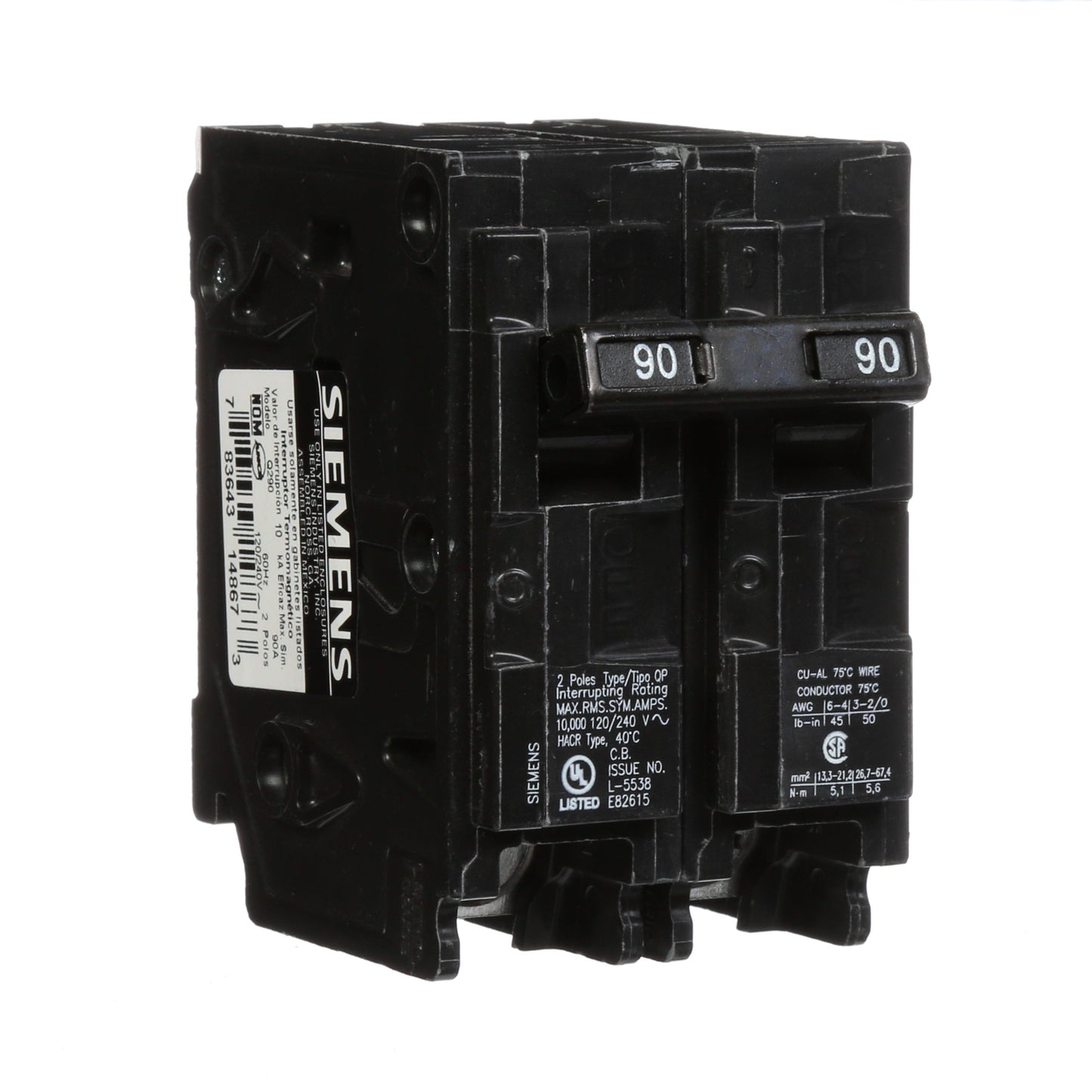 Siemens Q290 Circuit Breaker 120/240V 90A 2P 10kA@240V Plug-In Q Series