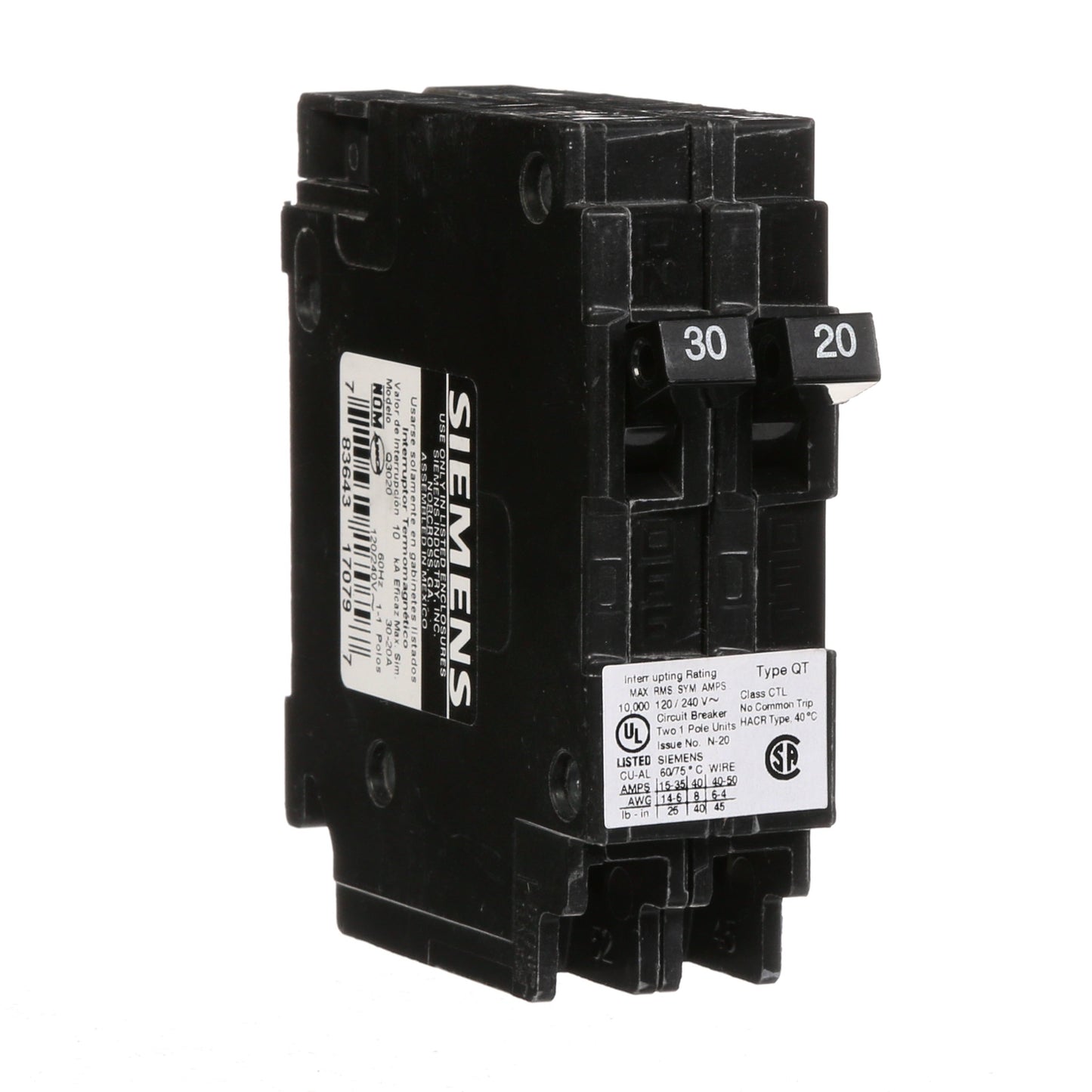 Siemens Q3020 Circuit Breaker | 240V 30A 2P 10kA@240V Plug-In Q Series