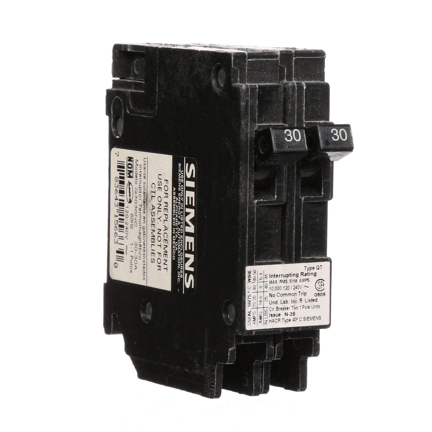 Siemens Q3030NC Circuit Breaker | 240V 30A 2P 10kA@240V Plug-In Q Series