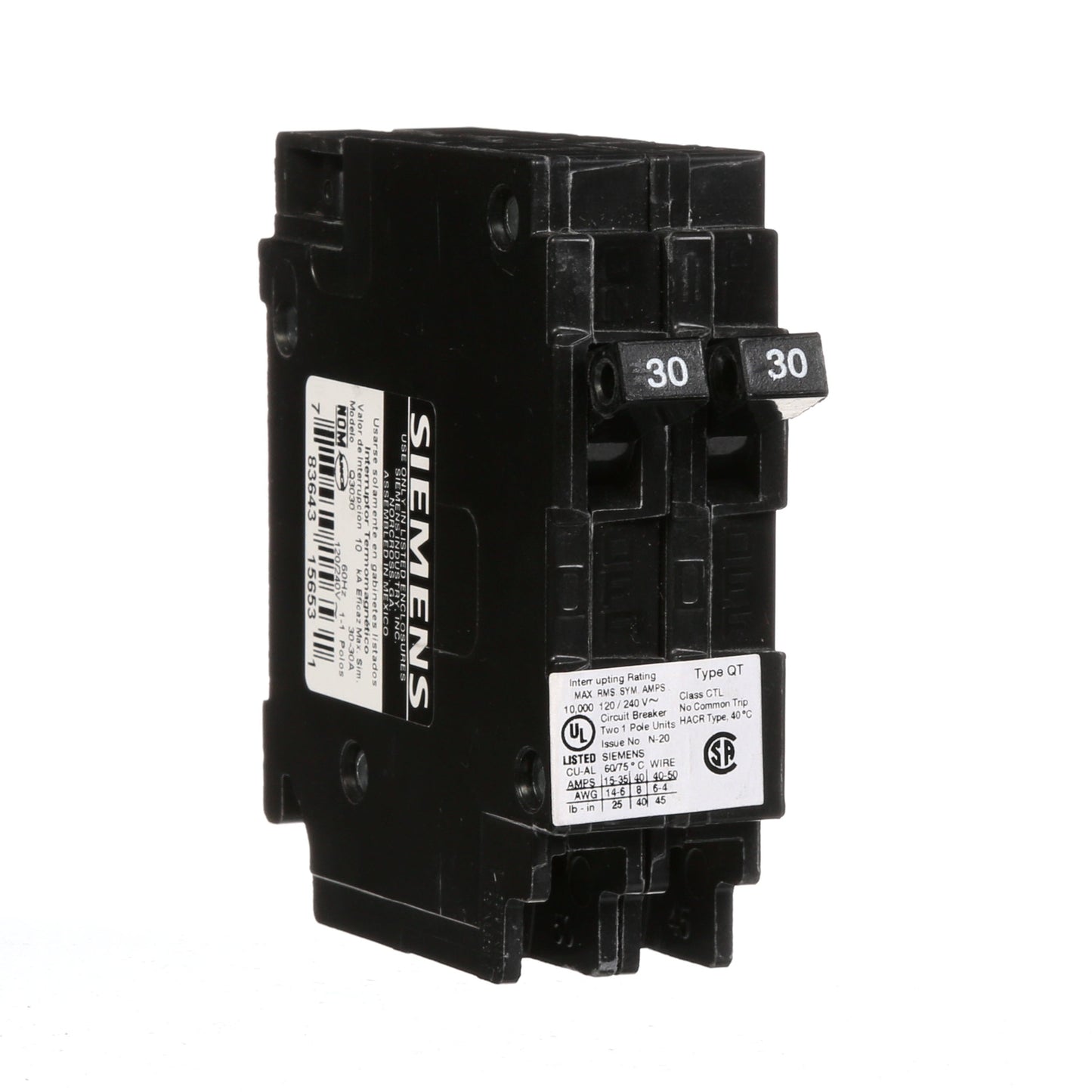 Siemens Q3030 Circuit Breaker | 240V 30A 2P 10kA@240V Plug-In Q Series