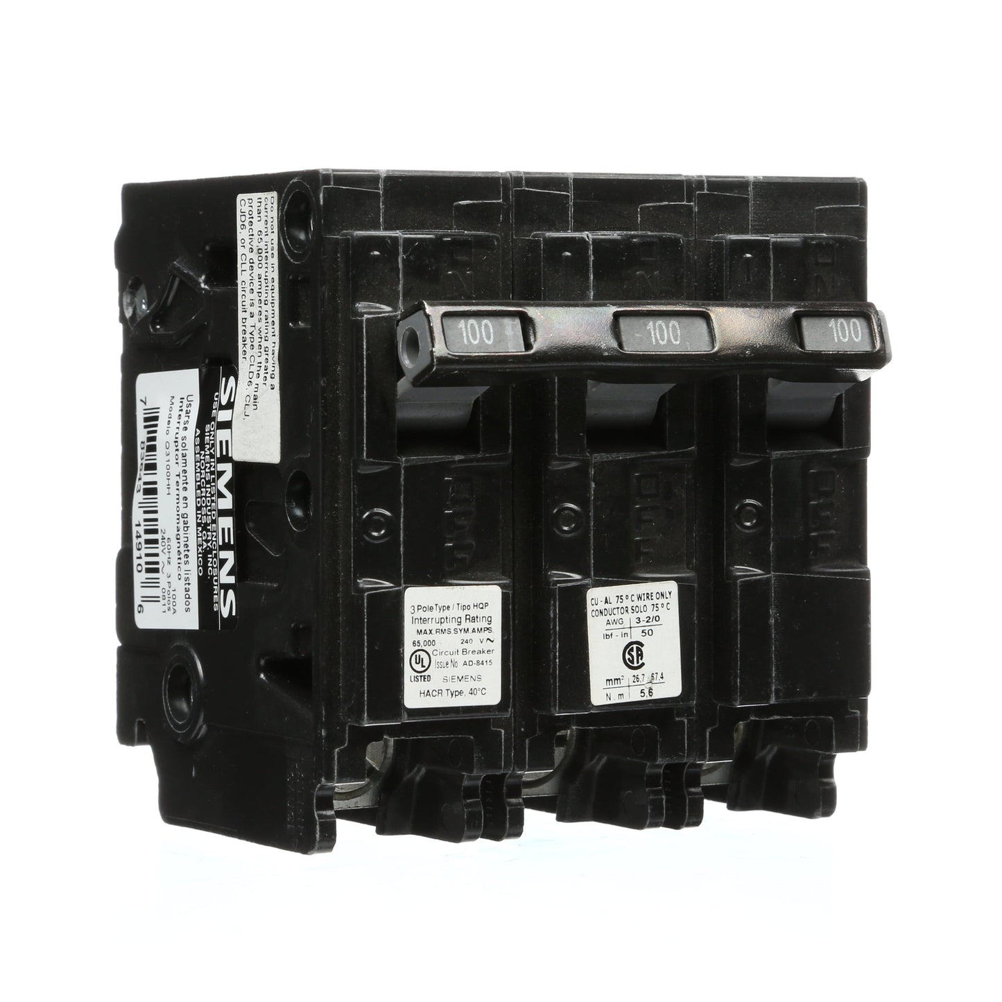 Siemens Q3100HH Circuit Breaker | 240V 100A 3P 65kA@240V Plug-In Q Series
