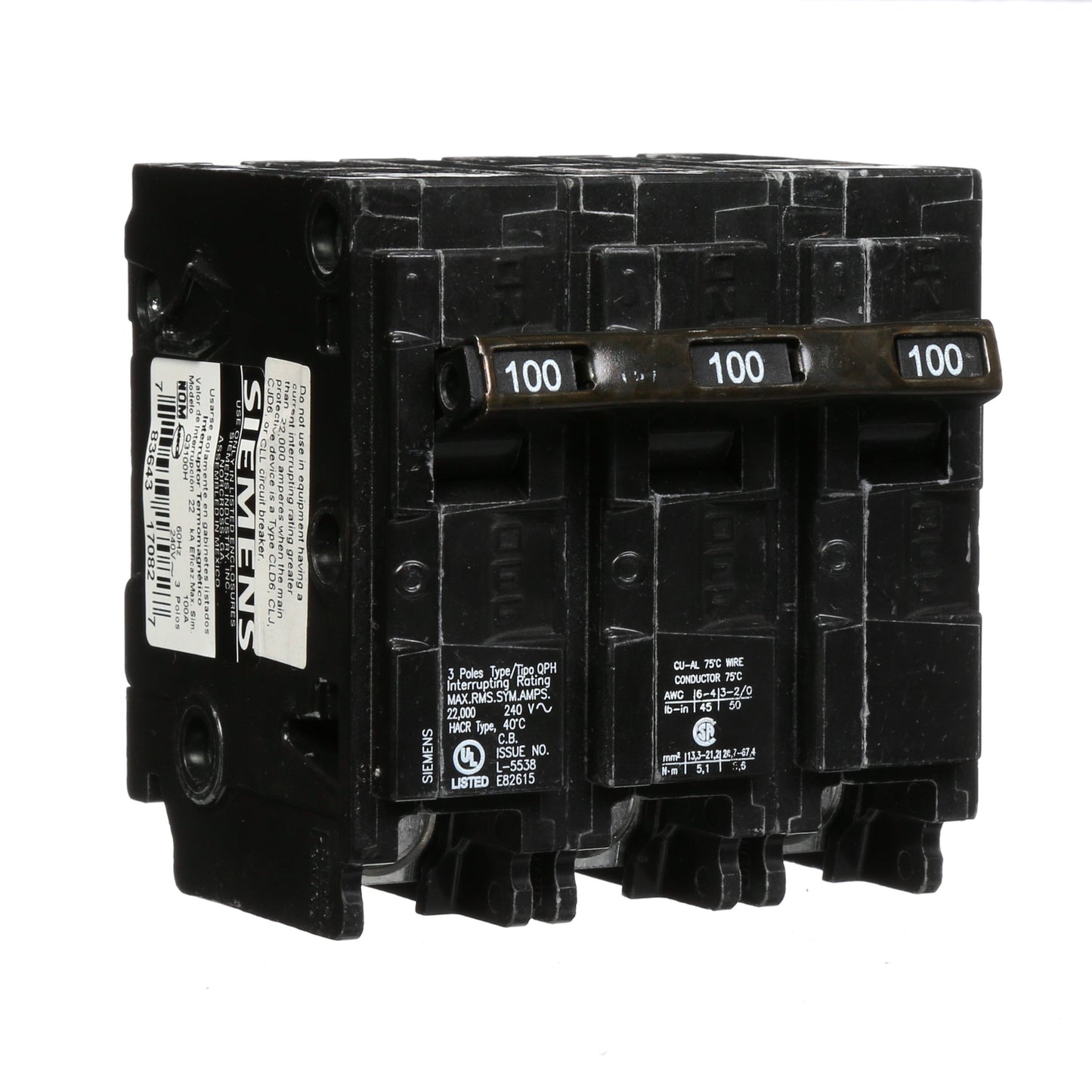 Siemens Q3100H Circuit Breaker | 240V 100A 3P 22kA@240V Plug-In Q Series